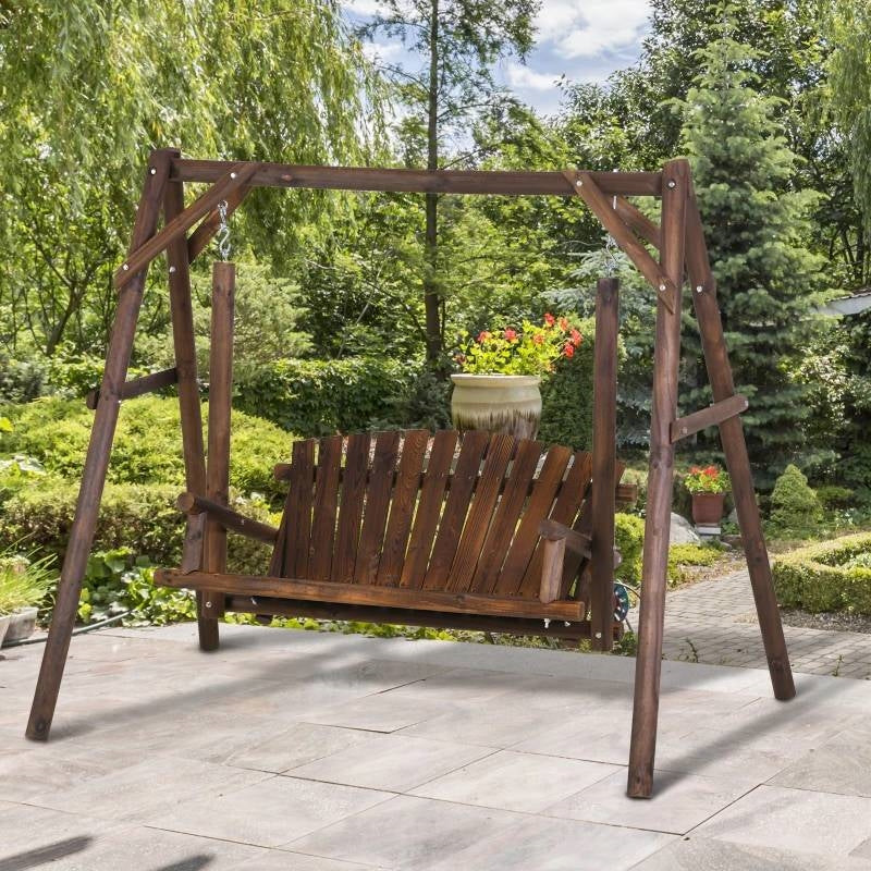 FarmHouse Log A-Frame 2-Seat Wooden Swing Bench - Image 2