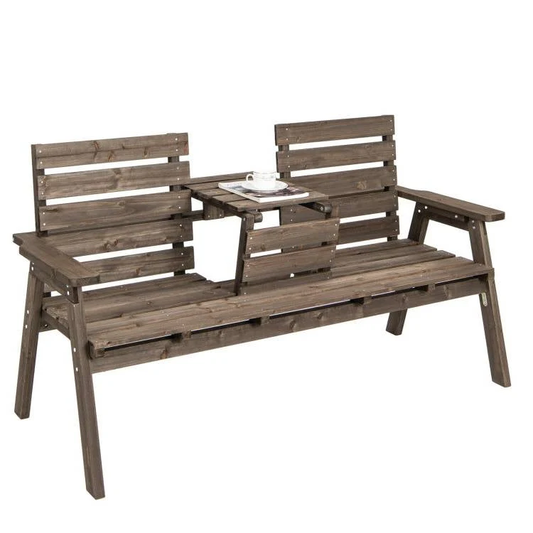 Farmhouse Outdoor Fir Wood Patio Garden Bench with Folding Center Table - Image 2