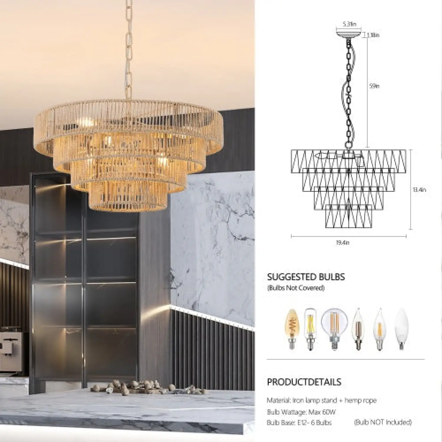 Farmhouse Rattan Pendant Chandelier Lighting with 4-Layer Woven Design - Image 3