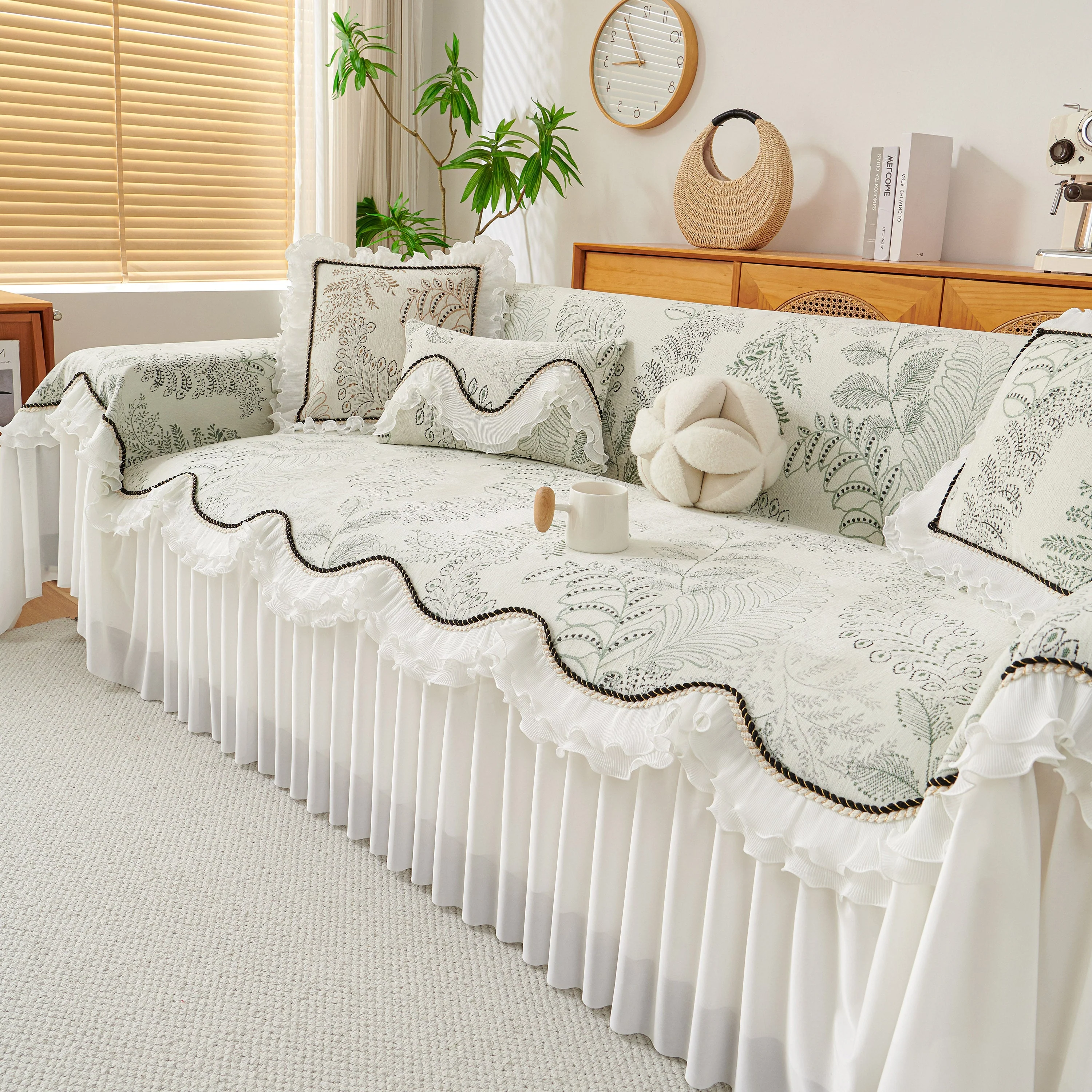 Farmhouse Ruffled Lace Sofa Slipcover Vintage Furniture Protector with Botanical Print - Image 10