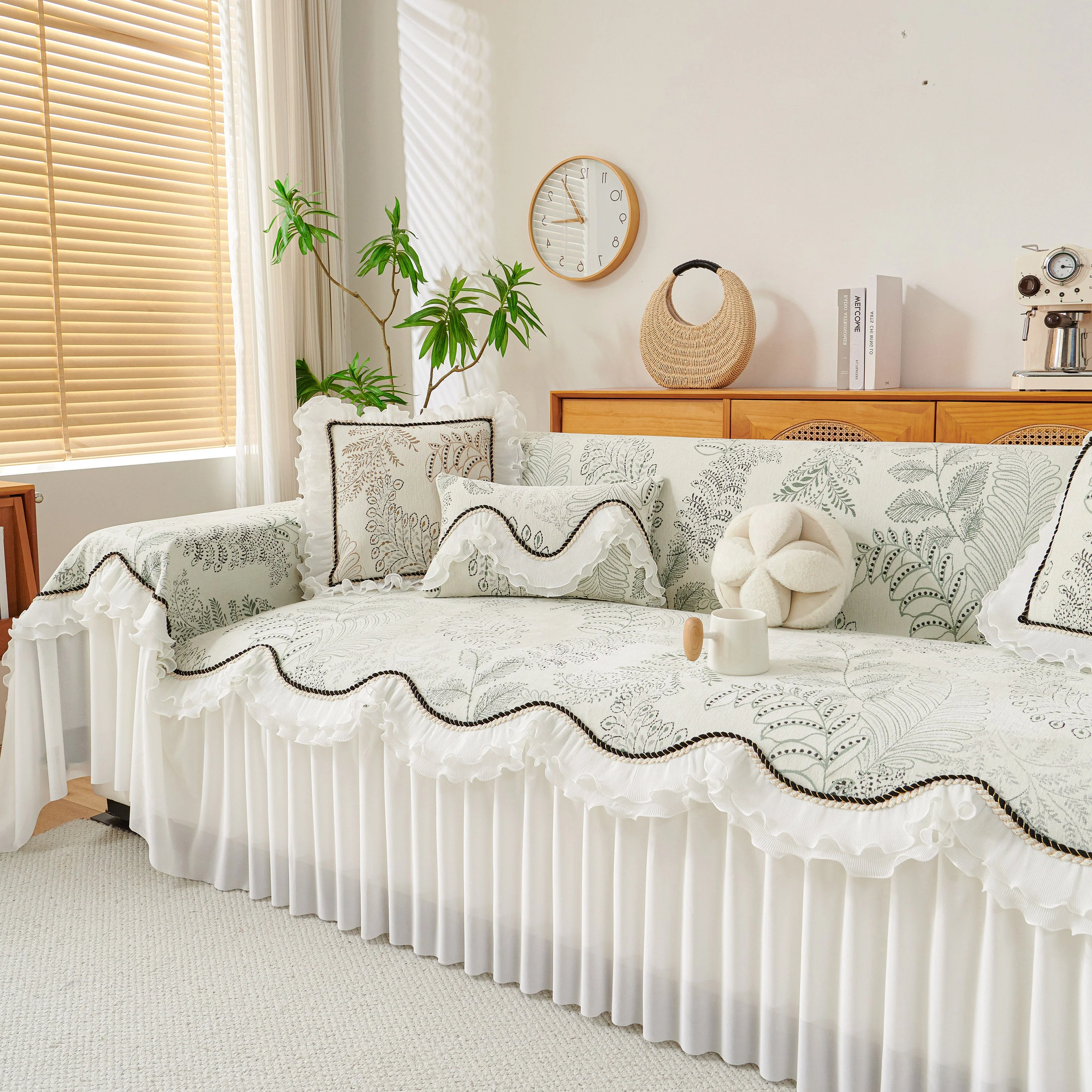 Farmhouse Ruffled Lace Sofa Slipcover Vintage Furniture Protector with Botanical Print - Image 11