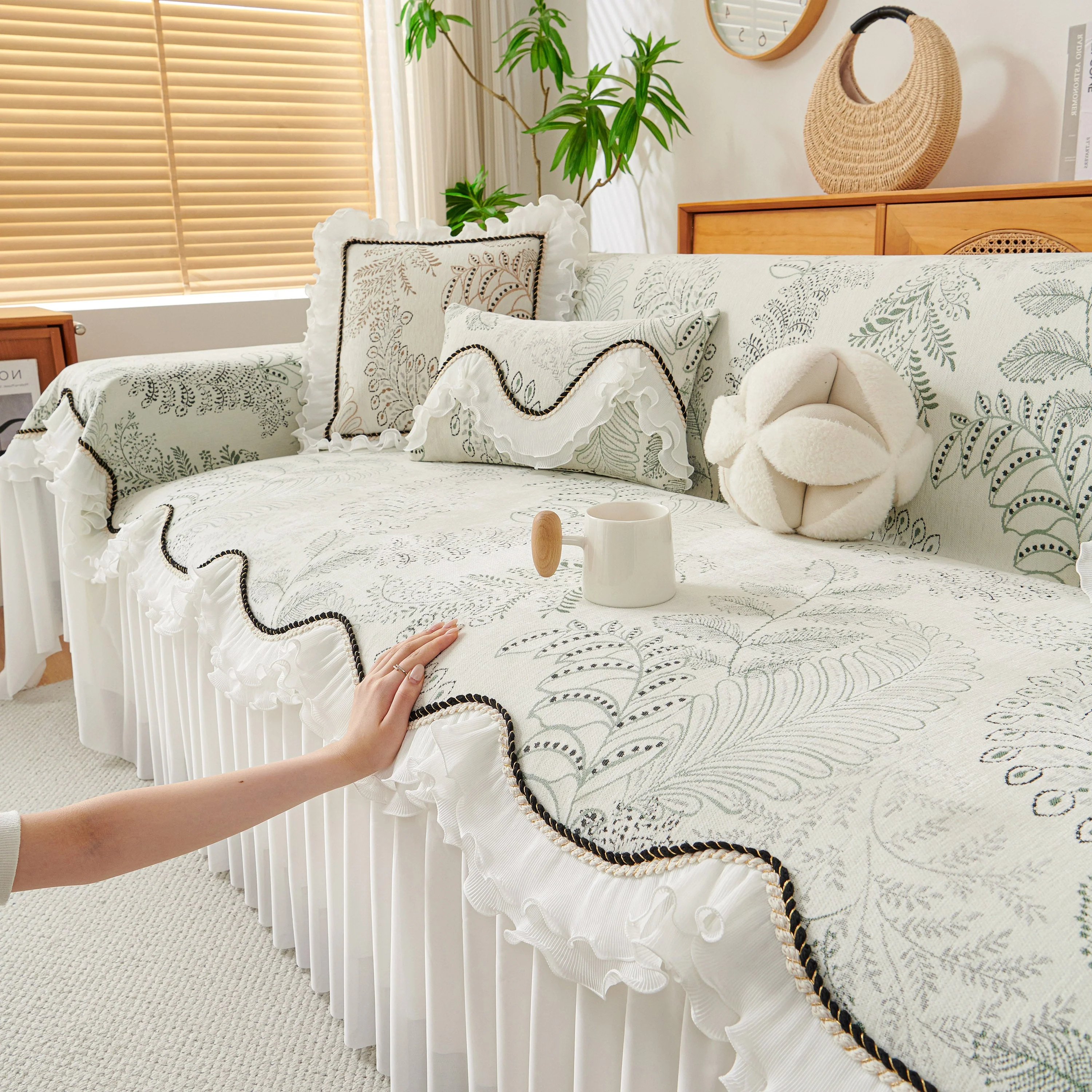 Farmhouse Ruffled Lace Sofa Slipcover Vintage Furniture Protector with Botanical Print - Image 12
