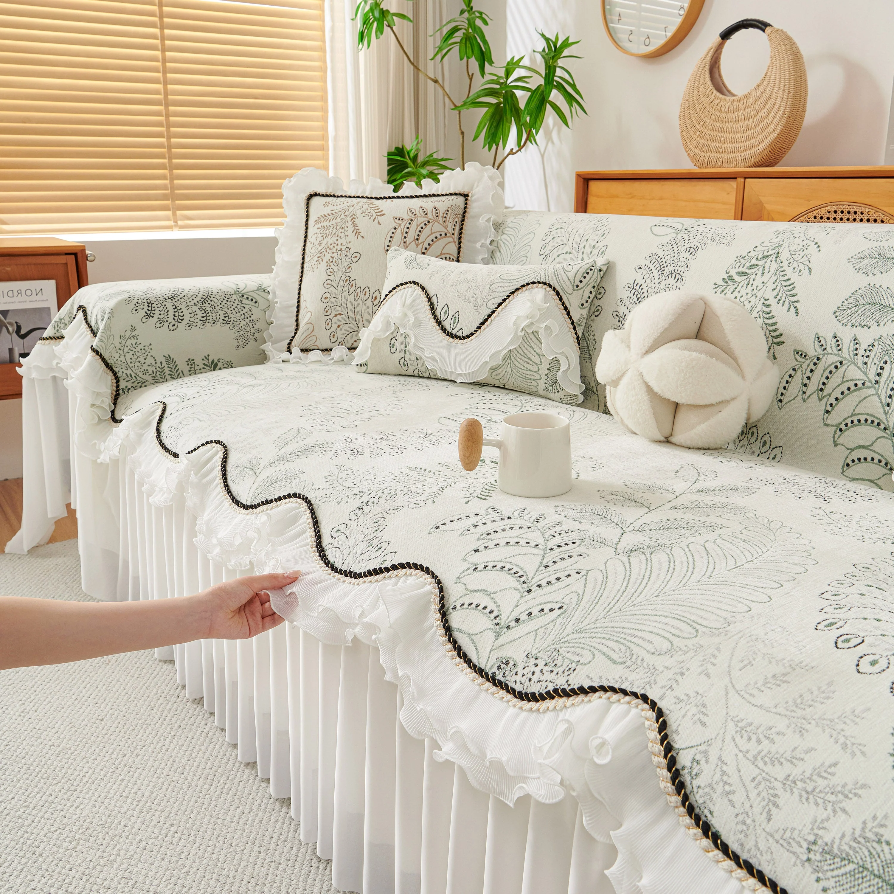 Farmhouse Ruffled Lace Sofa Slipcover Vintage Furniture Protector with Botanical Print - Image 13