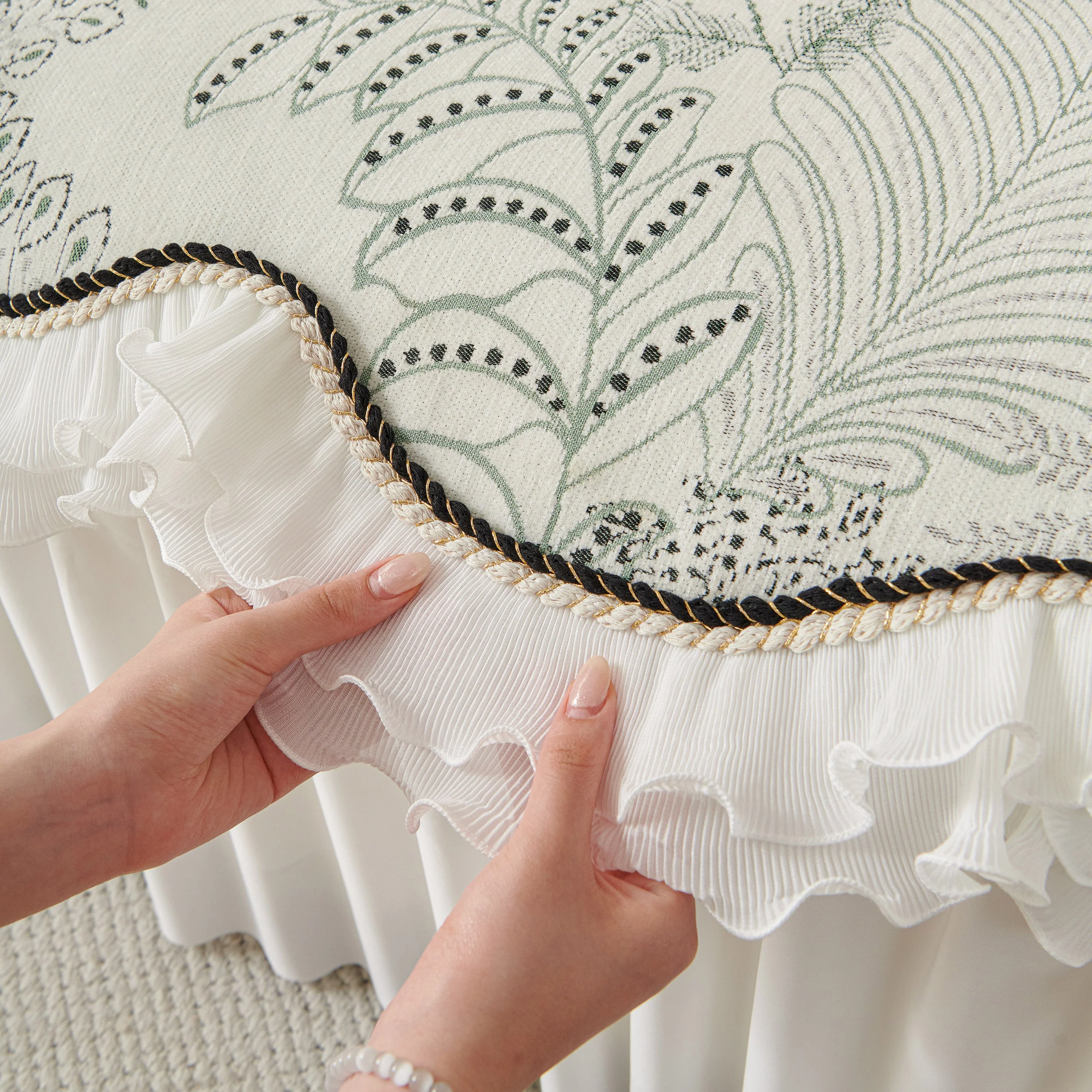 Farmhouse Ruffled Lace Sofa Slipcover Vintage Furniture Protector with Botanical Print - Image 16