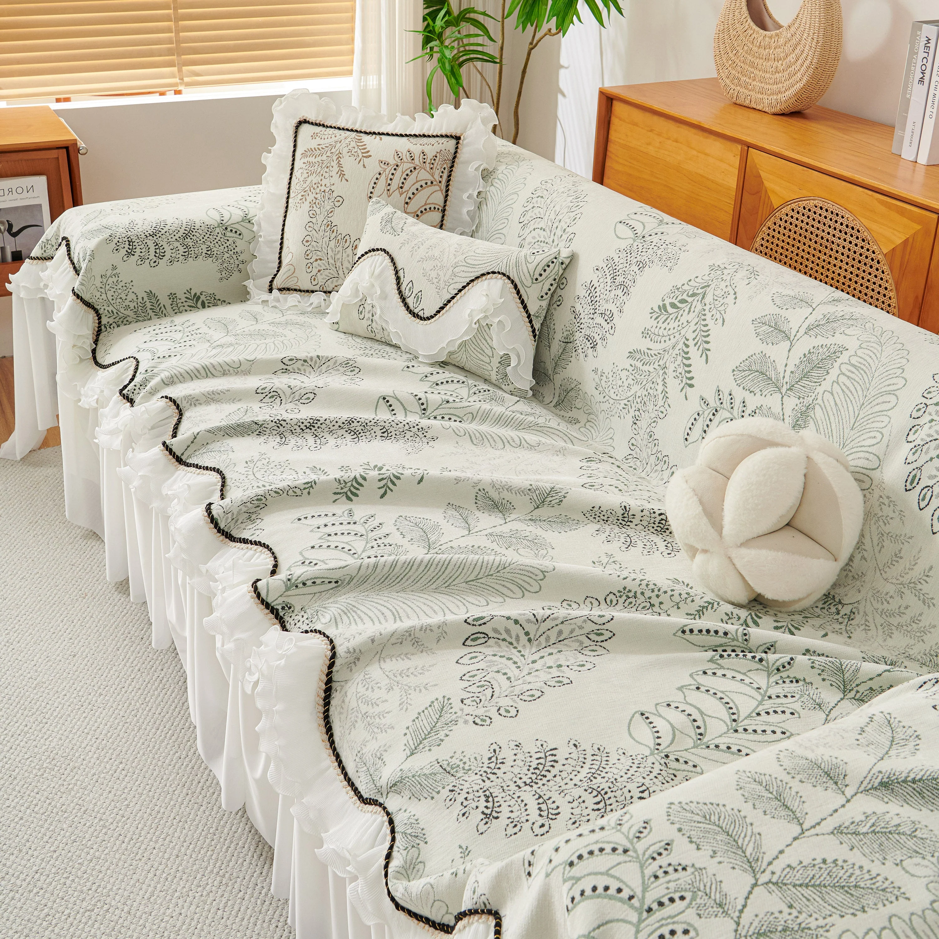 Farmhouse Ruffled Lace Sofa Slipcover Vintage Furniture Protector with Botanical Print - Image 17