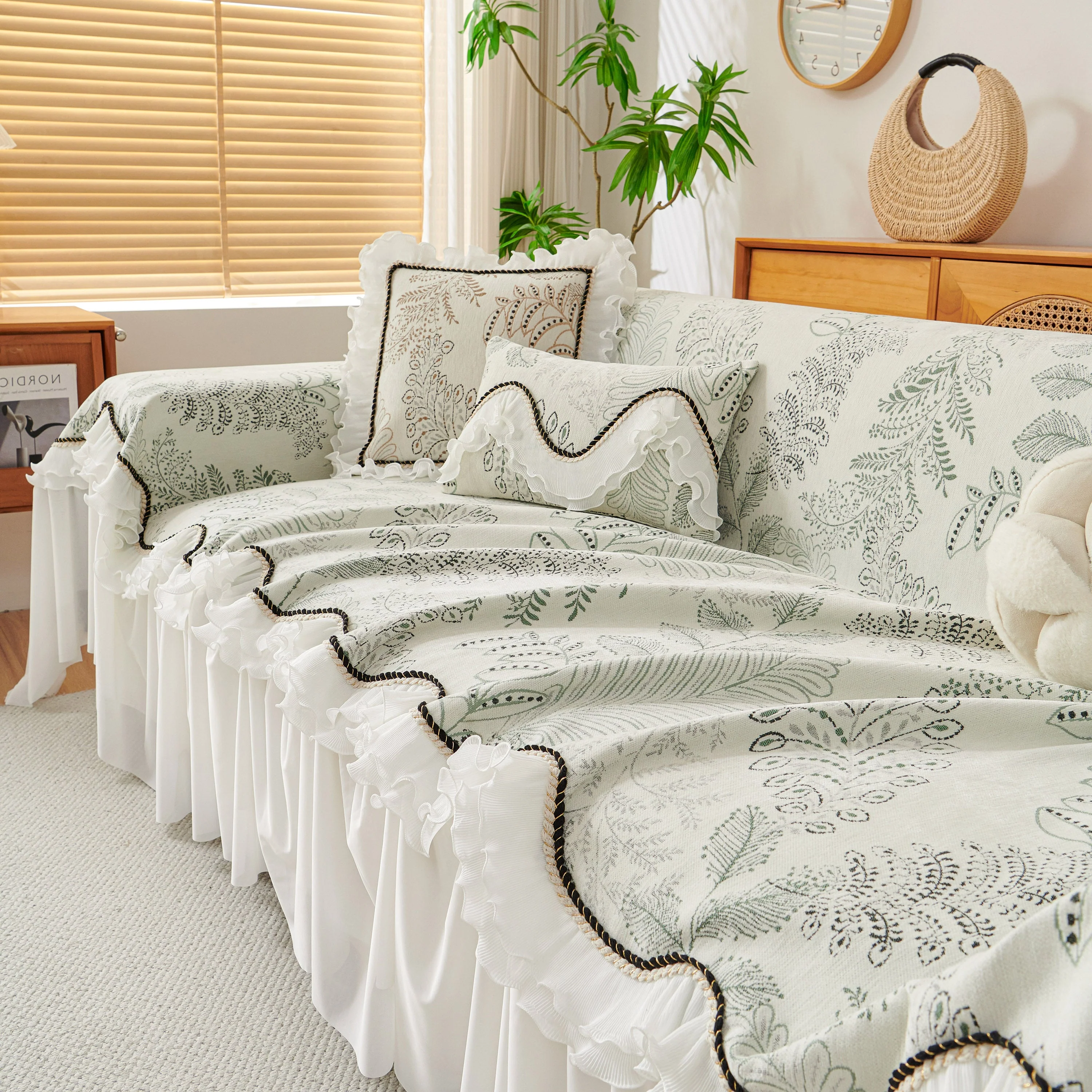 Farmhouse Ruffled Lace Sofa Slipcover Vintage Furniture Protector with Botanical Print - Image 18