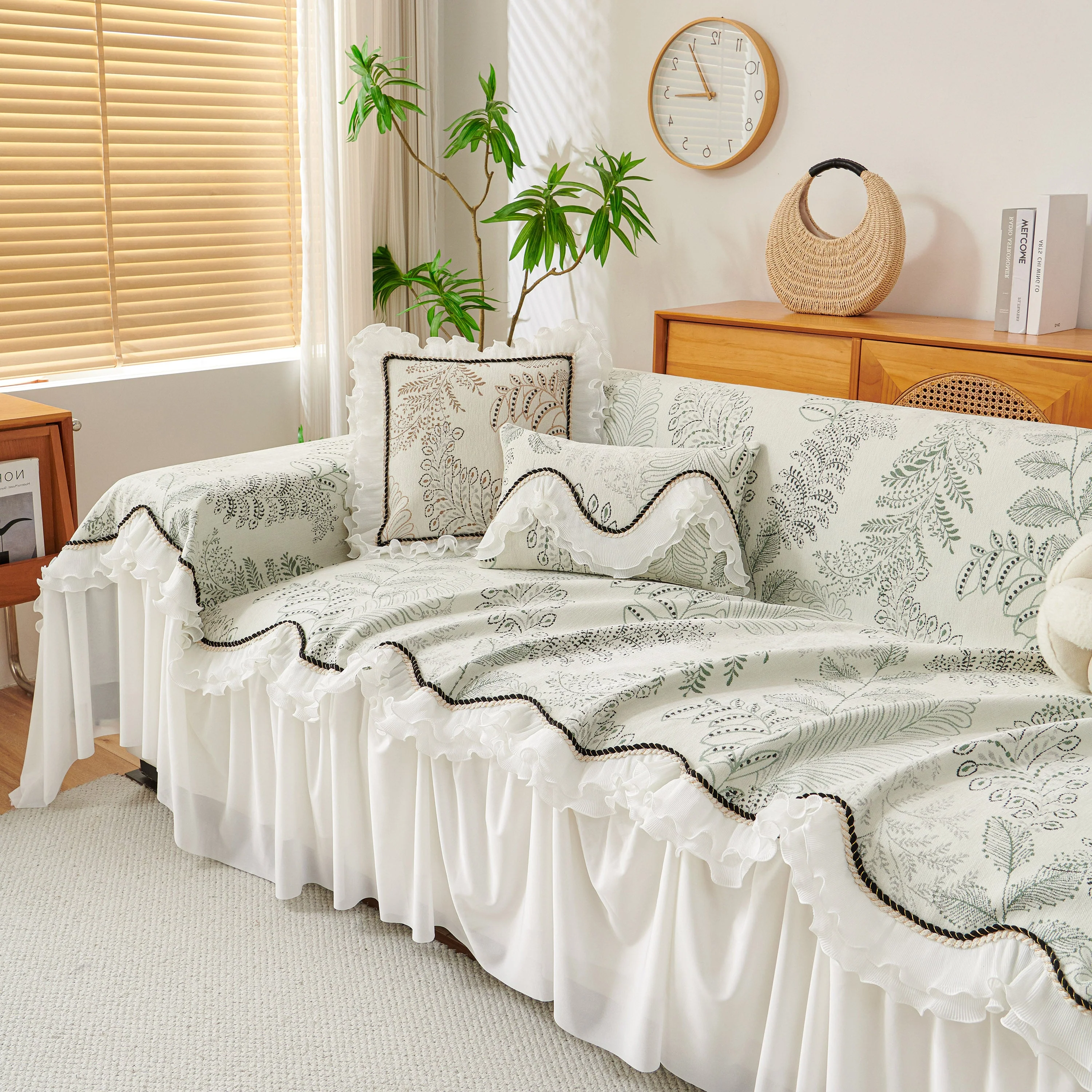 Farmhouse Ruffled Lace Sofa Slipcover Vintage Furniture Protector with Botanical Print - Image 19