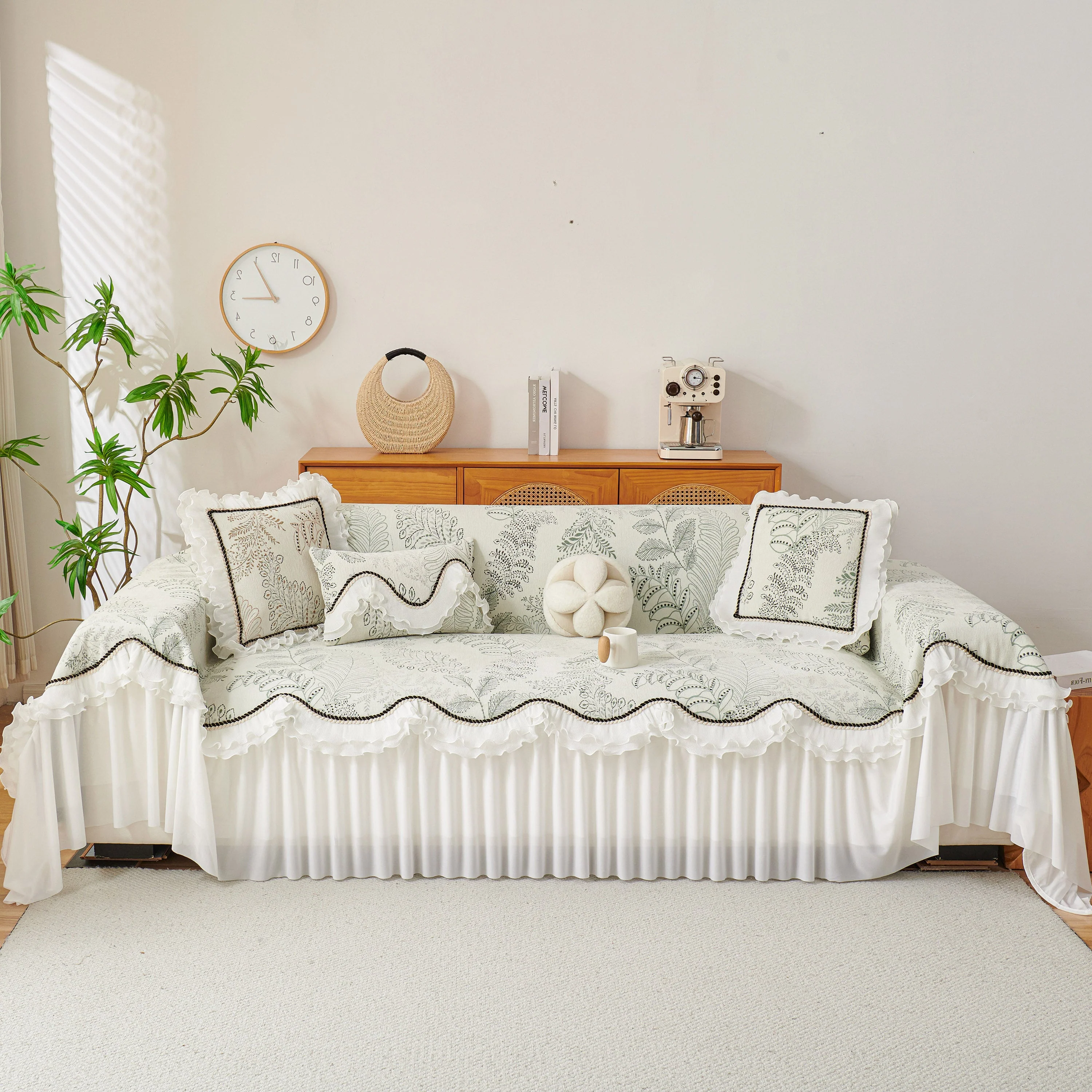 Farmhouse Ruffled Lace Sofa Slipcover Vintage Furniture Protector with Botanical Print - Image 2