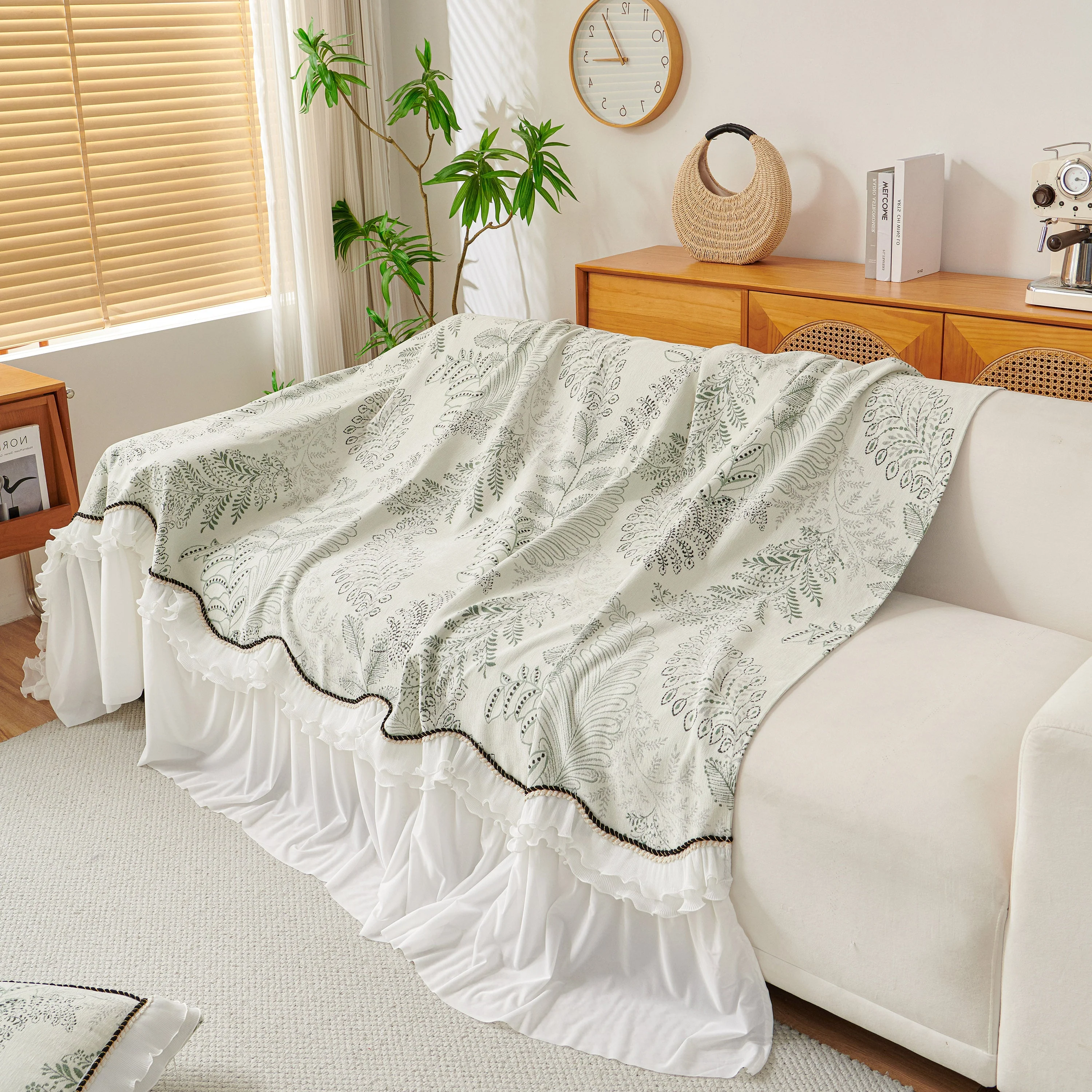 Farmhouse Ruffled Lace Sofa Slipcover Vintage Furniture Protector with Botanical Print - Image 23