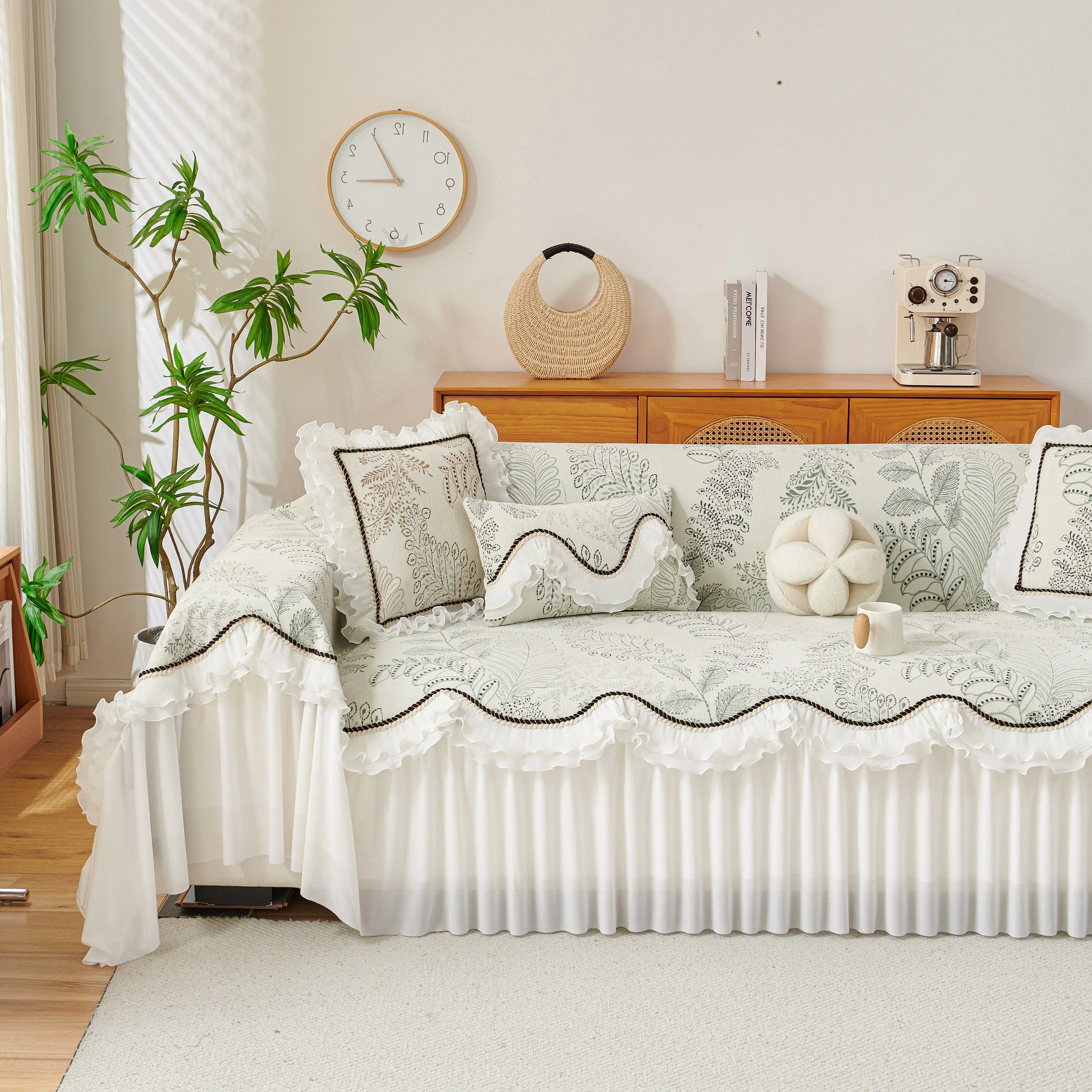 Farmhouse Ruffled Lace Sofa Slipcover Vintage Furniture Protector with Botanical Print - Image 24