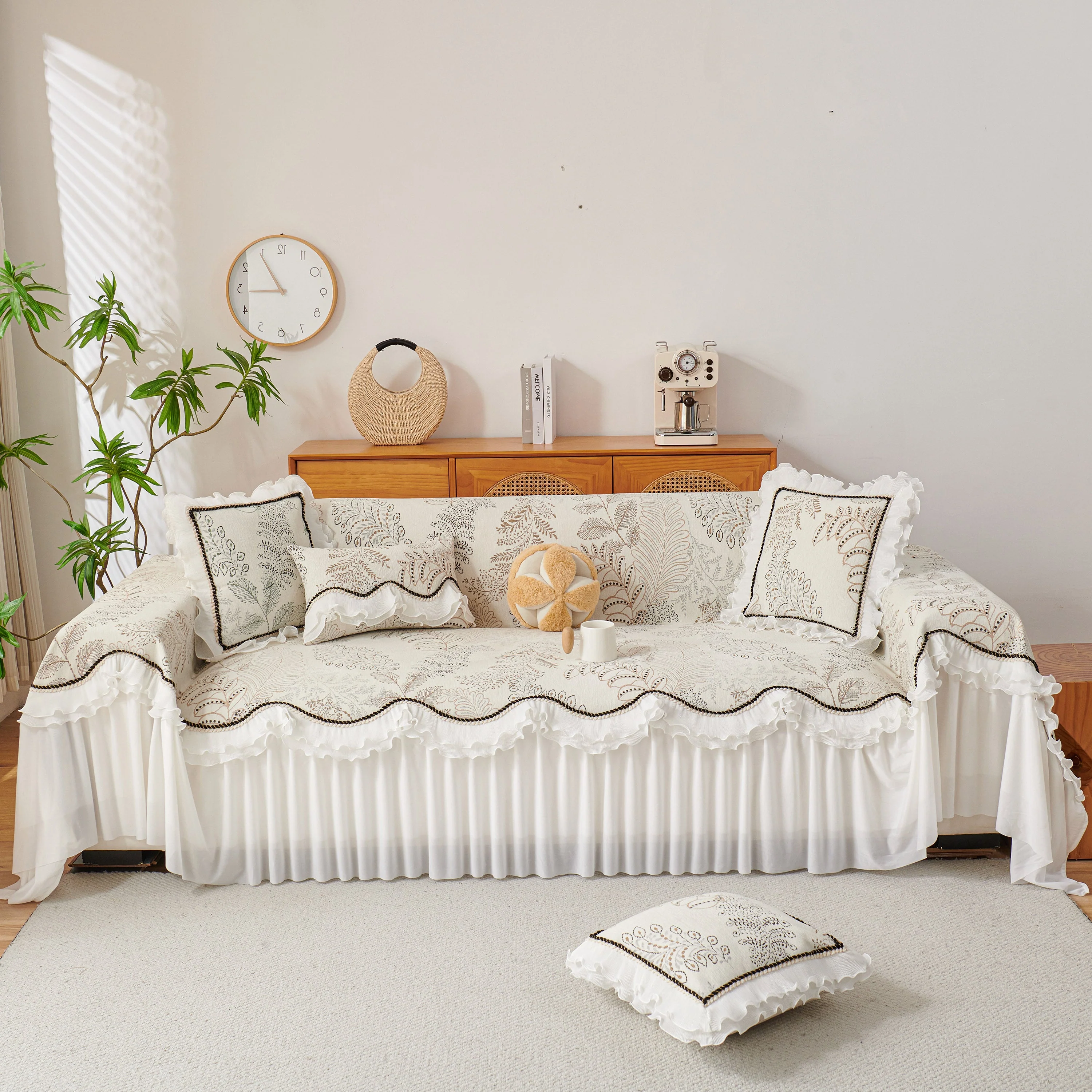 Farmhouse Ruffled Lace Sofa Slipcover Vintage Furniture Protector with Botanical Print - Image 25