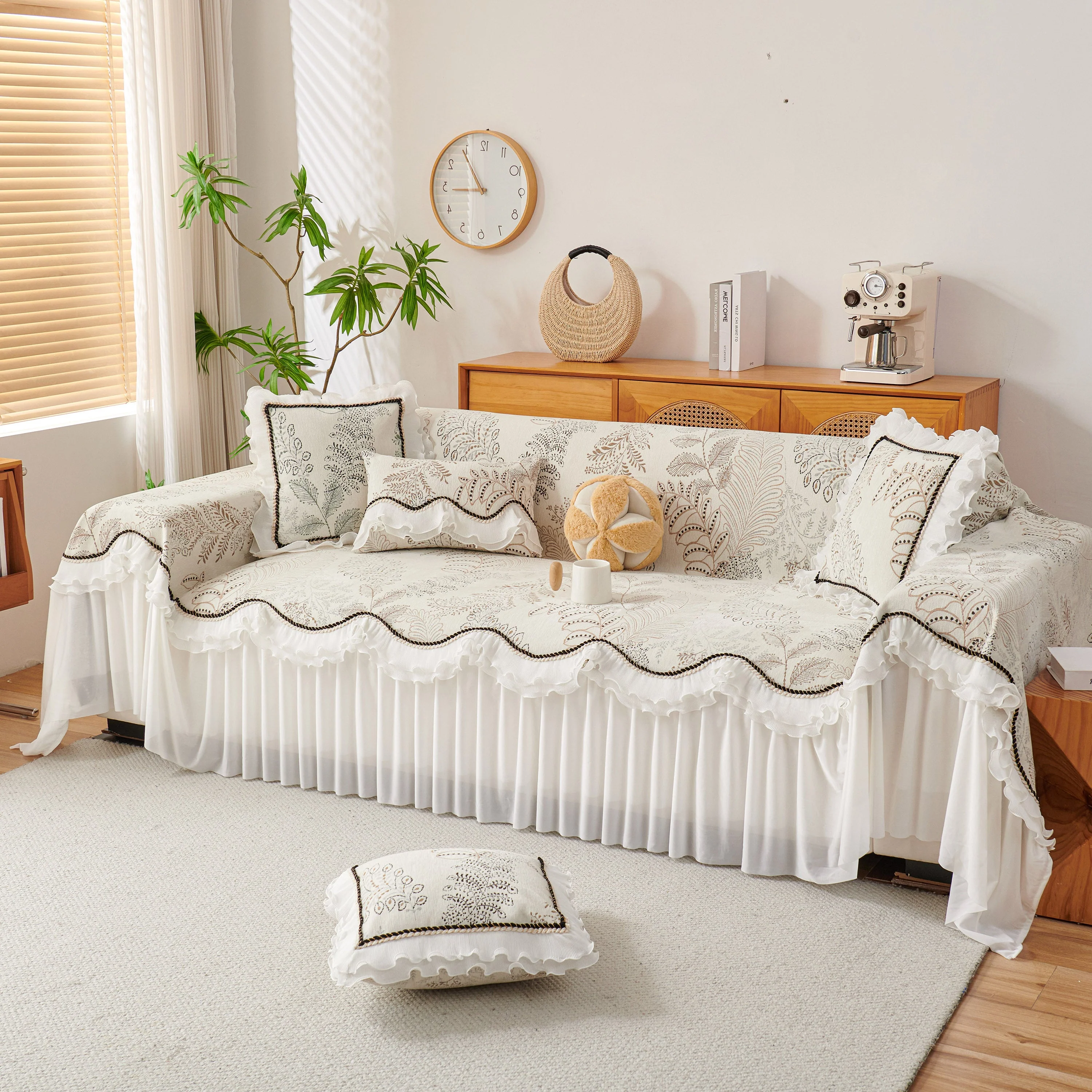 Farmhouse Ruffled Lace Sofa Slipcover Vintage Furniture Protector with Botanical Print - Image 26