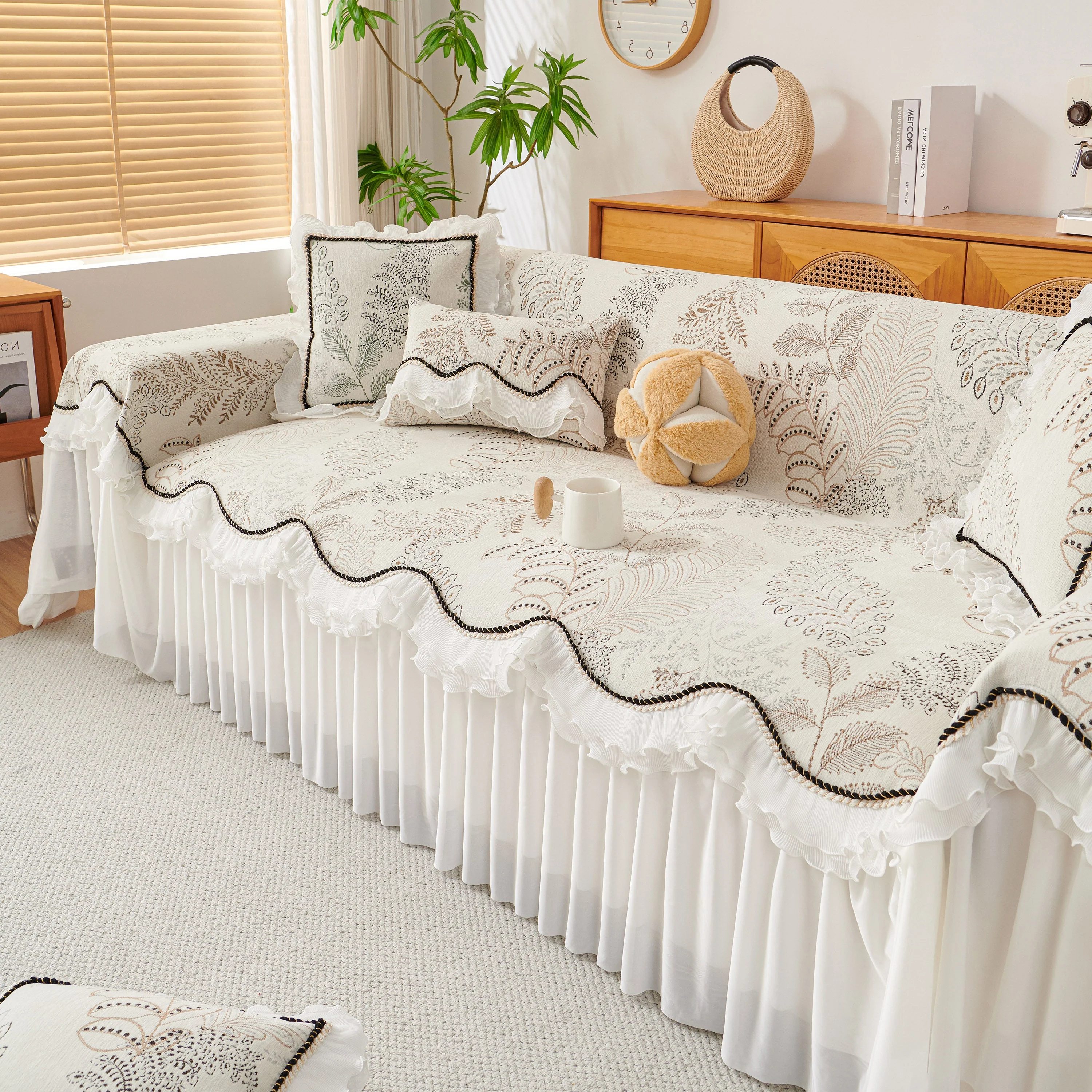 Farmhouse Ruffled Lace Sofa Slipcover Vintage Furniture Protector with Botanical Print - Image 27