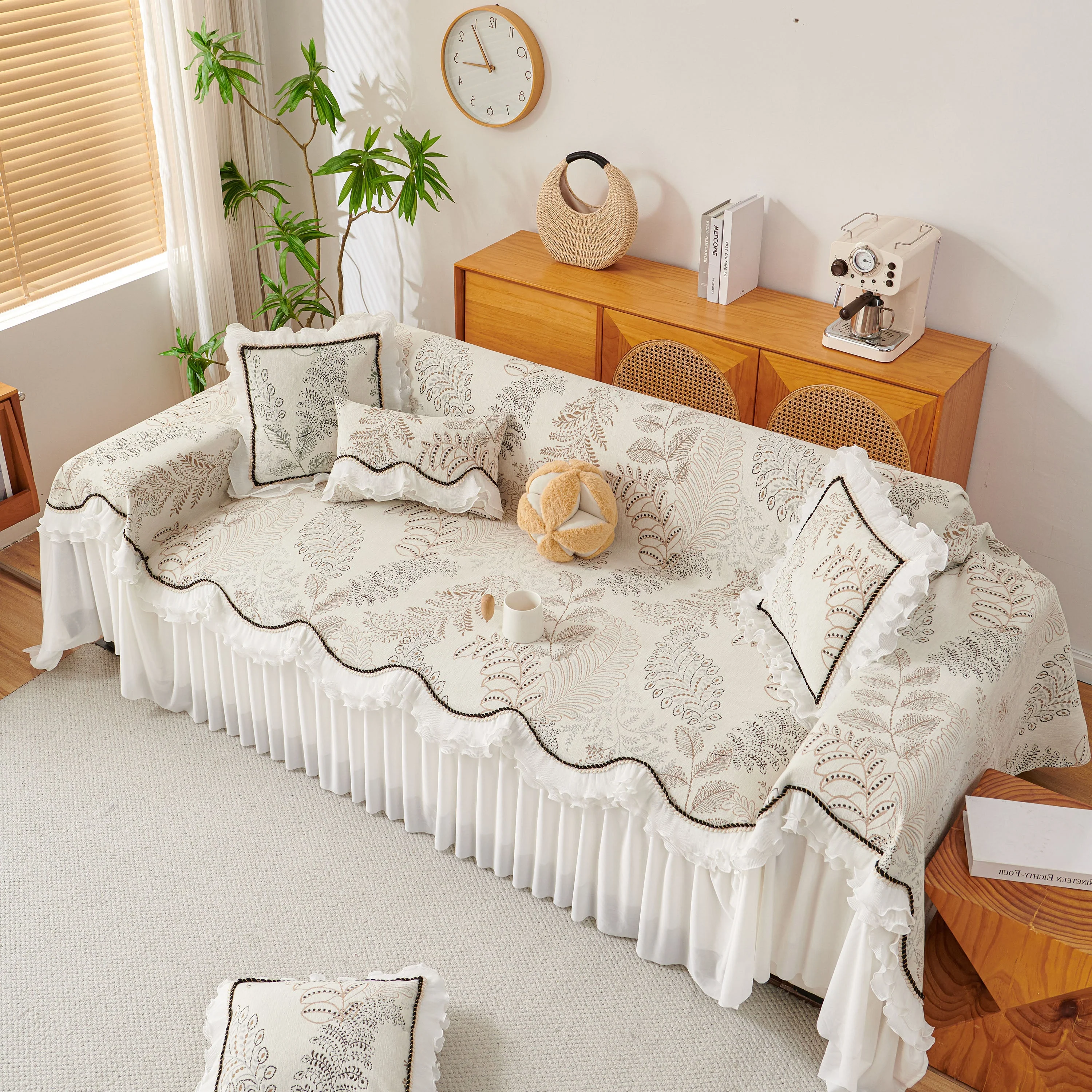 Farmhouse Ruffled Lace Sofa Slipcover Vintage Furniture Protector with Botanical Print - Image 28