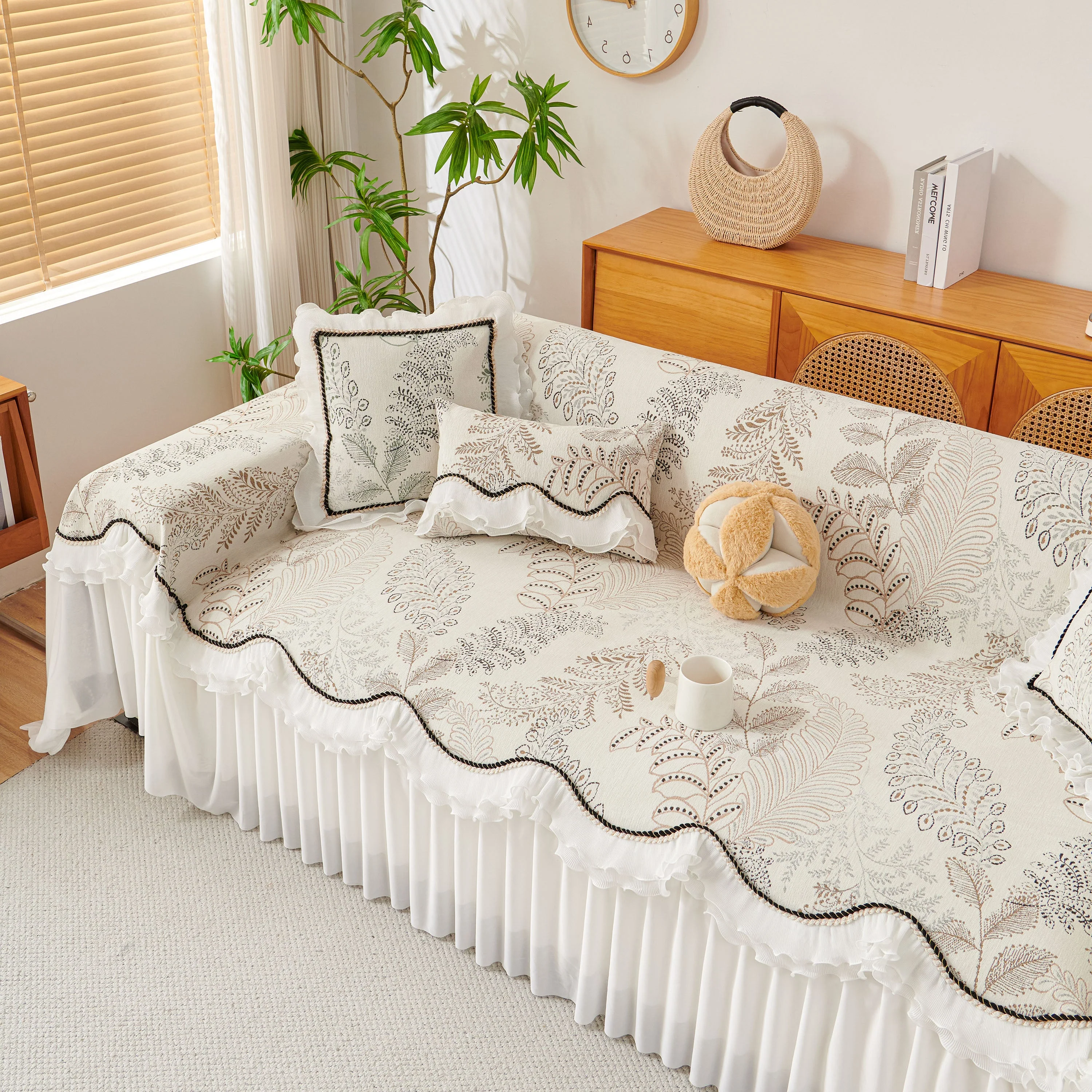 Farmhouse Ruffled Lace Sofa Slipcover Vintage Furniture Protector with Botanical Print - Image 29