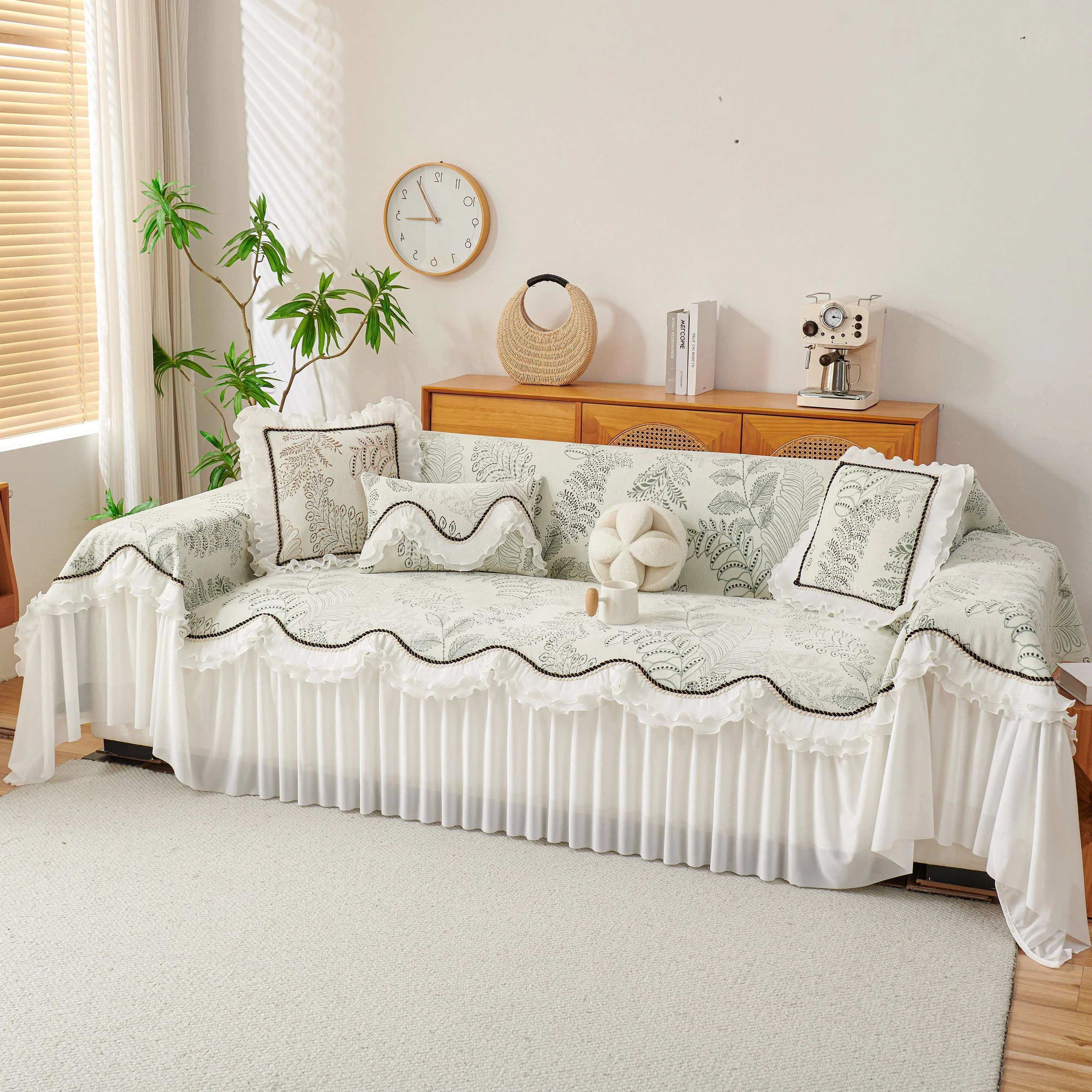 Farmhouse Ruffled Lace Sofa Slipcover Vintage Furniture Protector with Botanical Print - Image 3