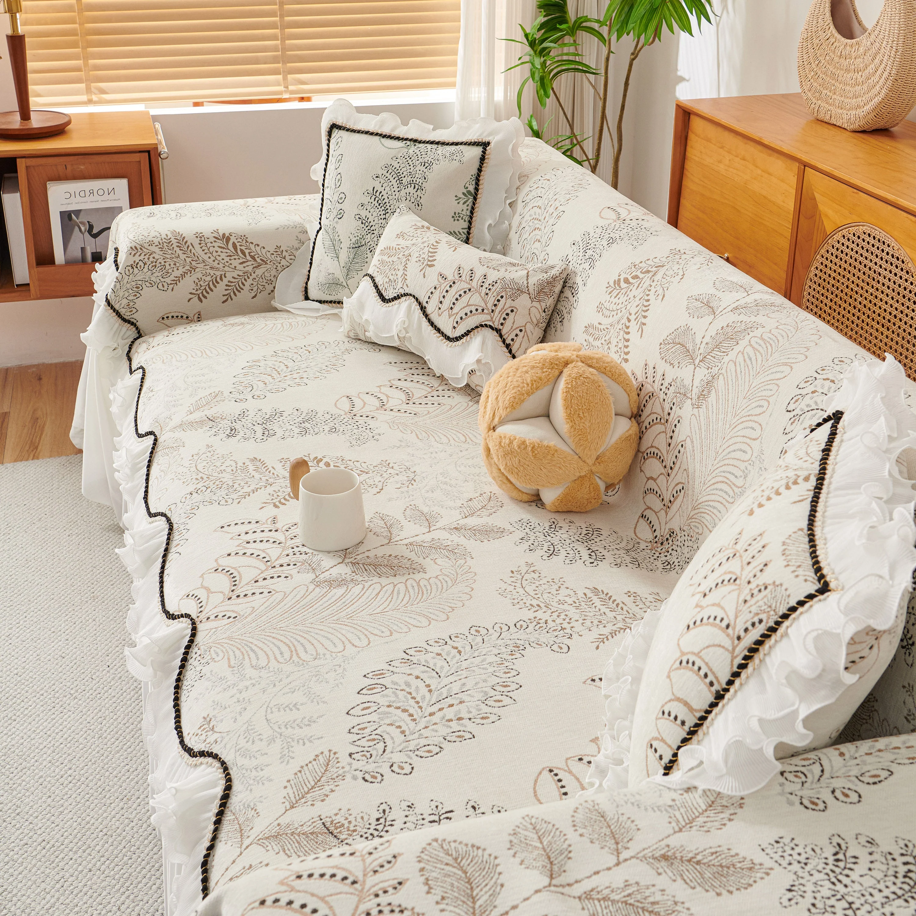 Farmhouse Ruffled Lace Sofa Slipcover Vintage Furniture Protector with Botanical Print - Image 31