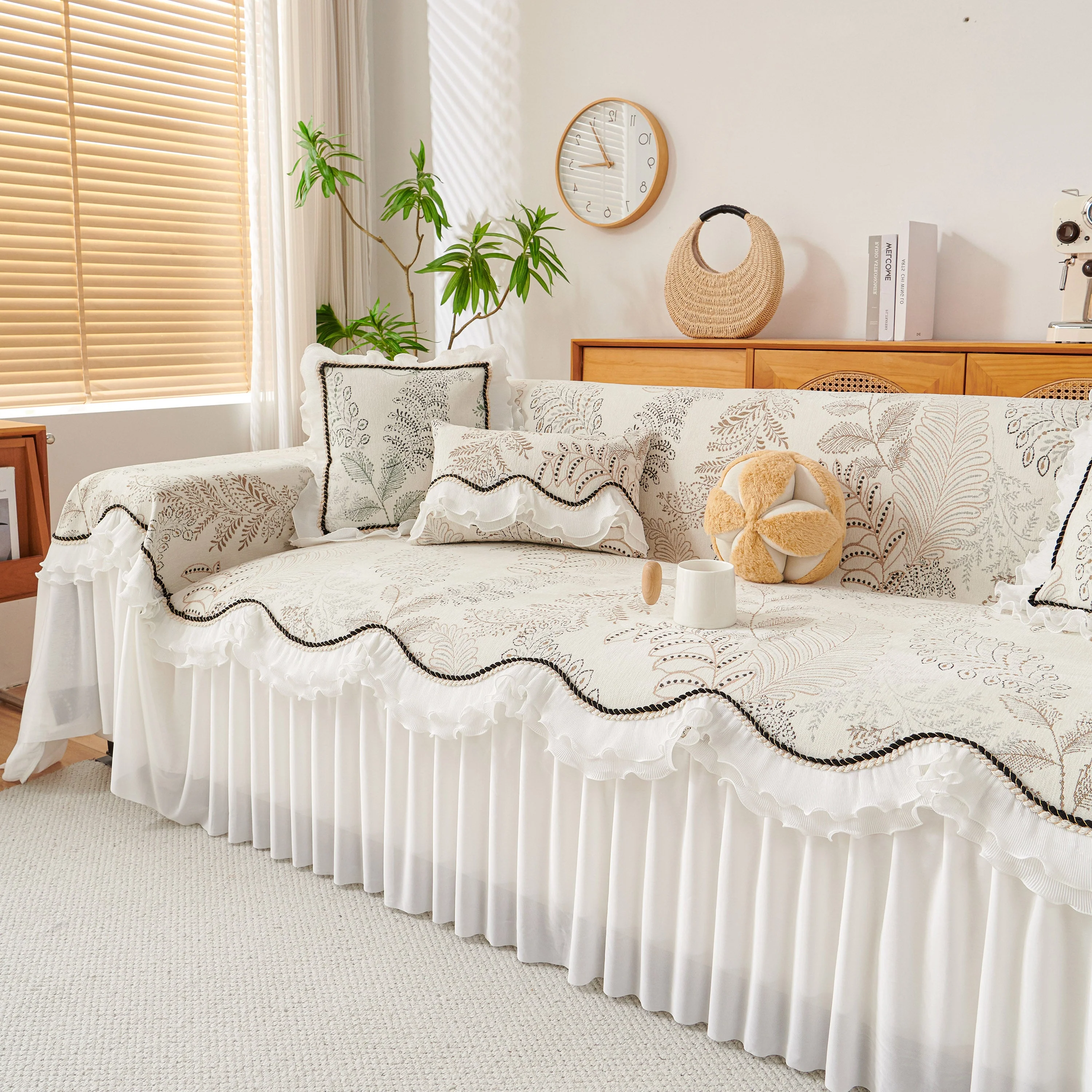 Farmhouse Ruffled Lace Sofa Slipcover Vintage Furniture Protector with Botanical Print - Image 33