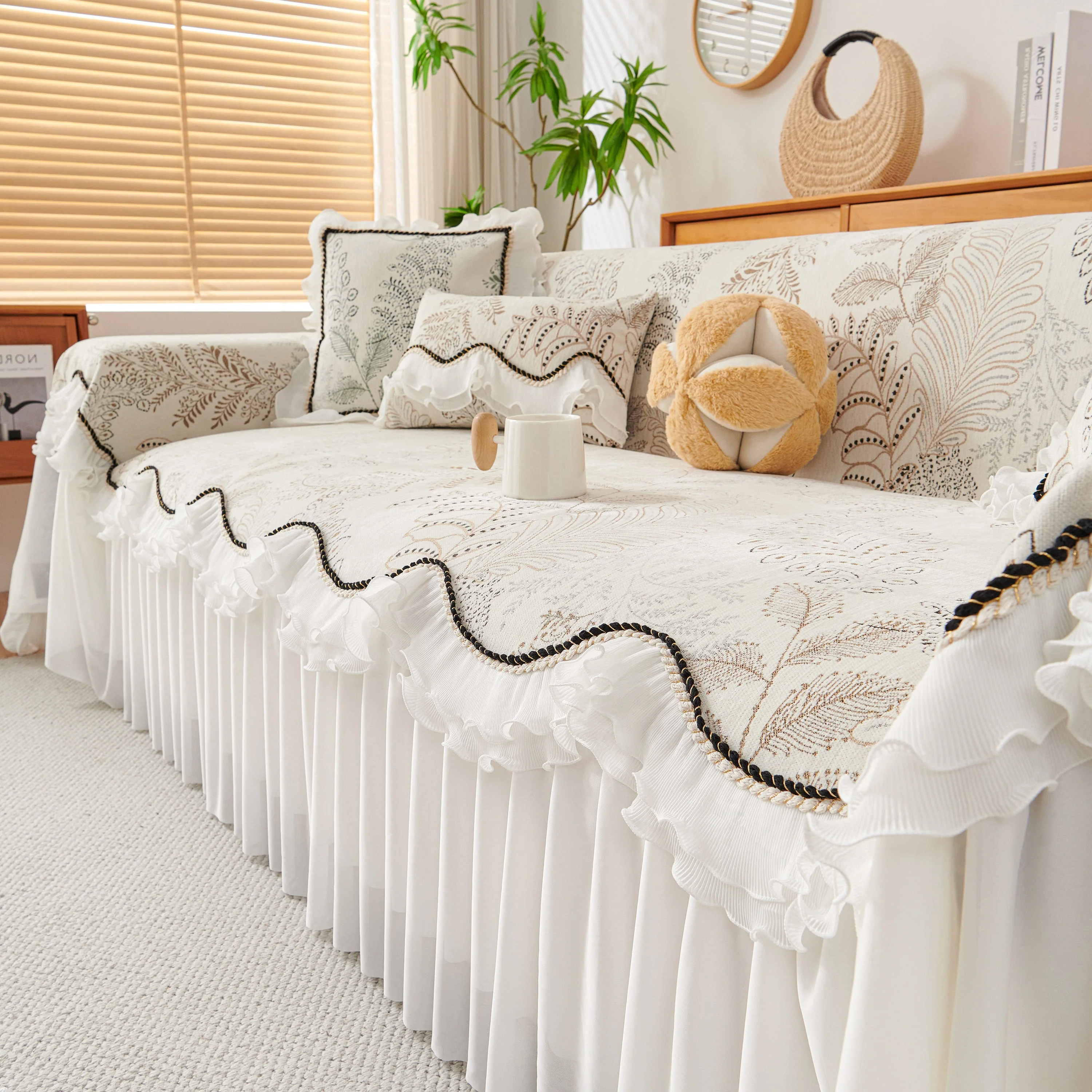 Farmhouse Ruffled Lace Sofa Slipcover Vintage Furniture Protector with Botanical Print - Image 34