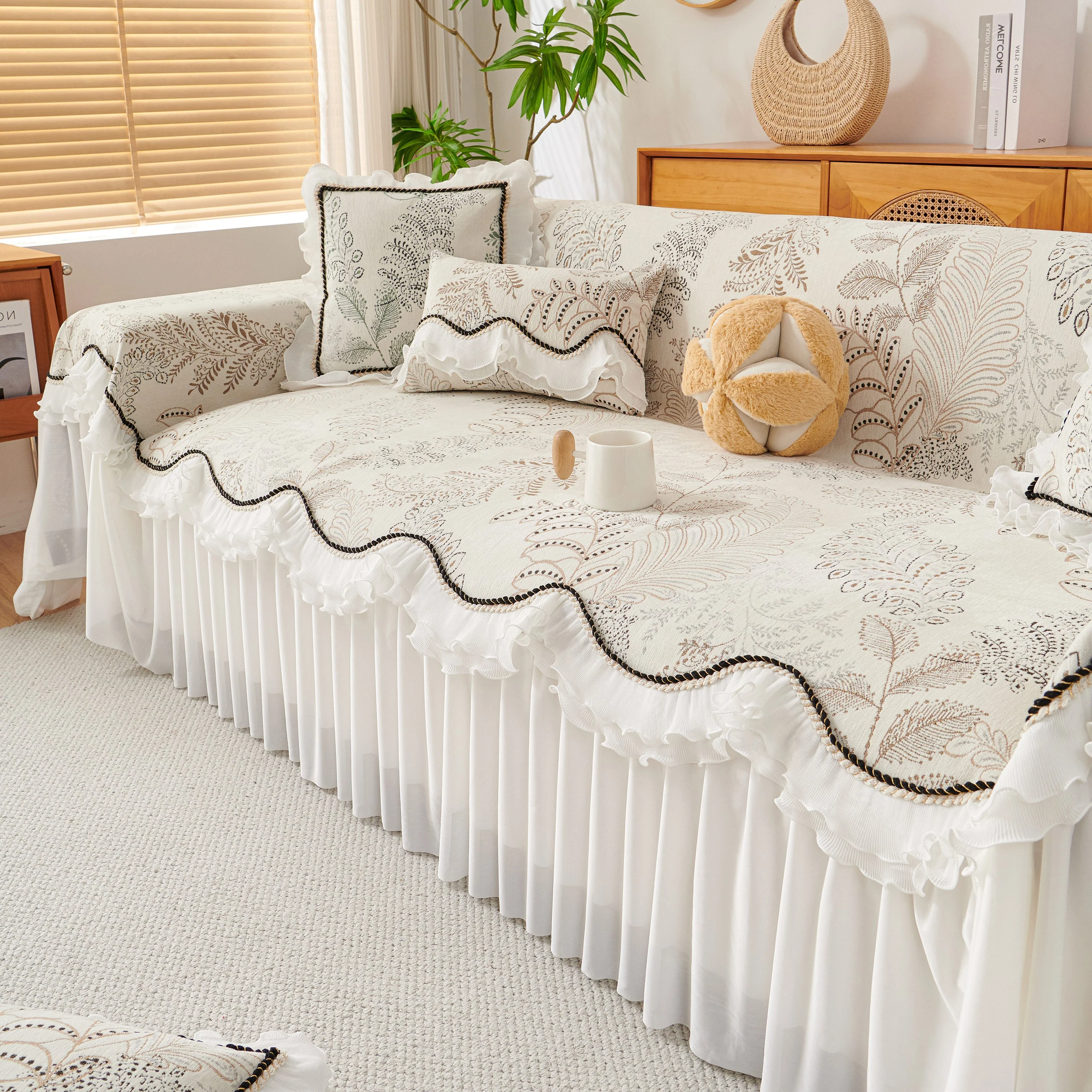Farmhouse Ruffled Lace Sofa Slipcover Vintage Furniture Protector with Botanical Print - Image 35