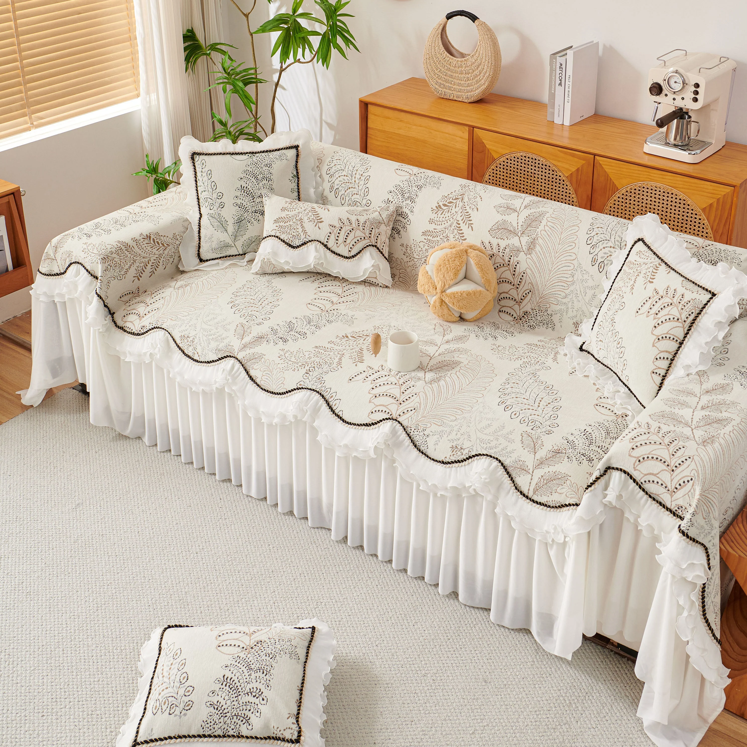 Farmhouse Ruffled Lace Sofa Slipcover Vintage Furniture Protector with Botanical Print - Image 36