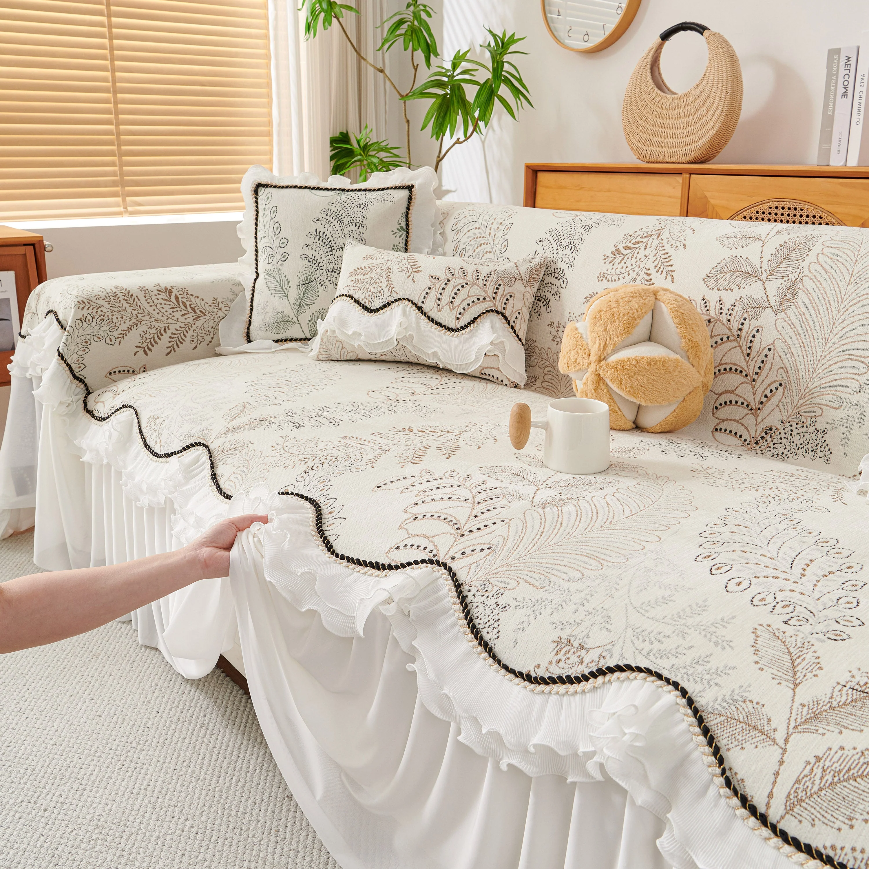 Farmhouse Ruffled Lace Sofa Slipcover Vintage Furniture Protector with Botanical Print - Image 37