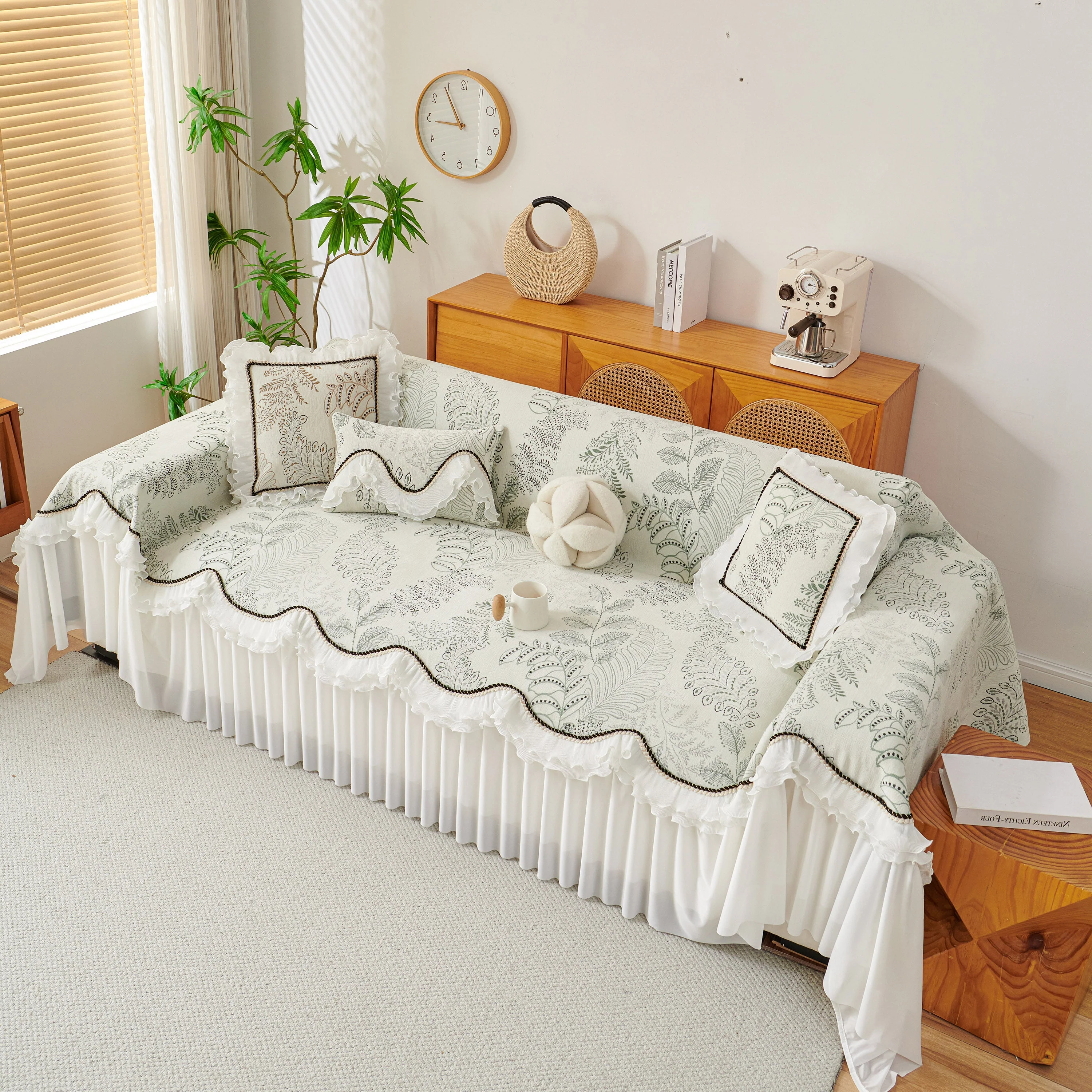 Farmhouse Ruffled Lace Sofa Slipcover Vintage Furniture Protector with Botanical Print - Image 4