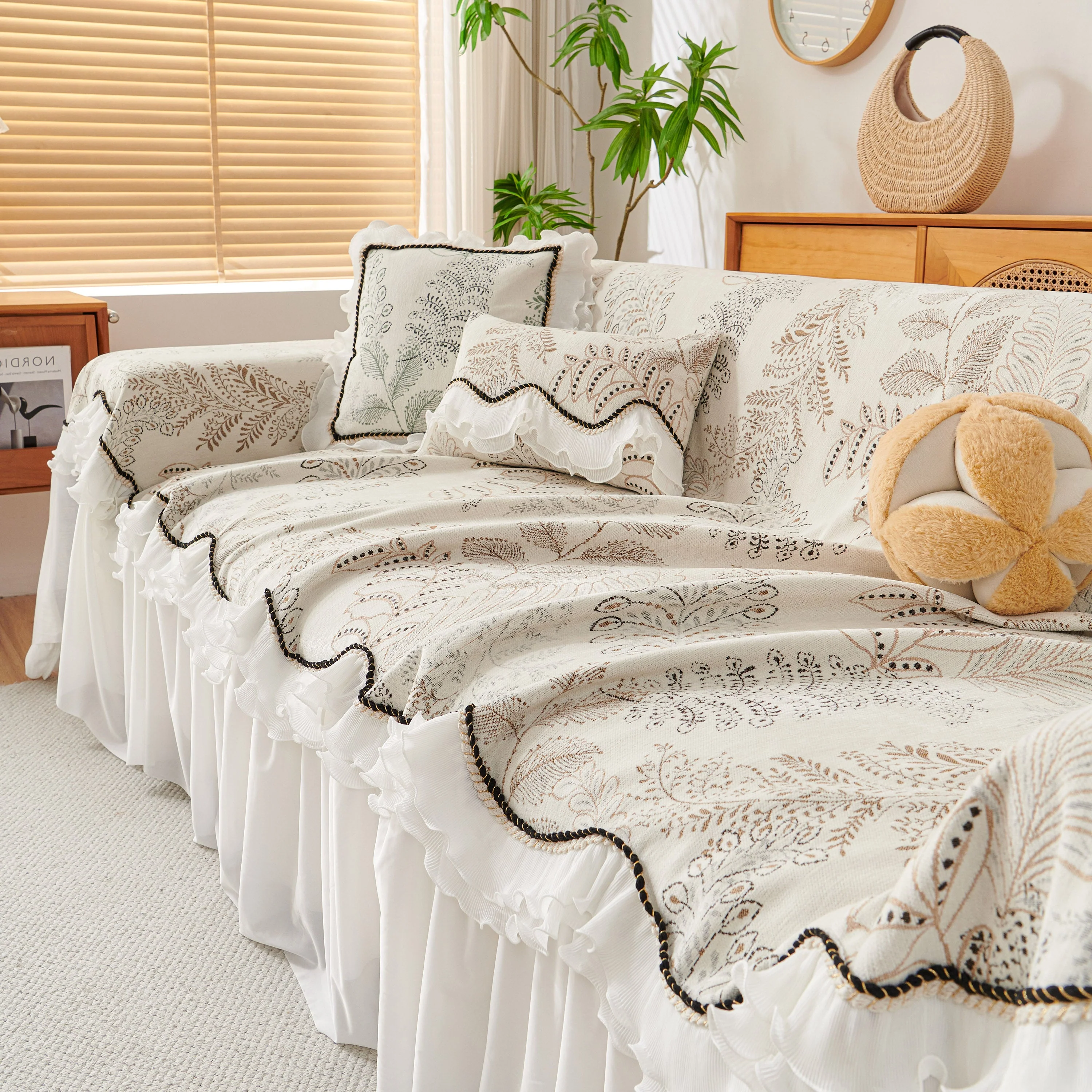 Farmhouse Ruffled Lace Sofa Slipcover Vintage Furniture Protector with Botanical Print - Image 42