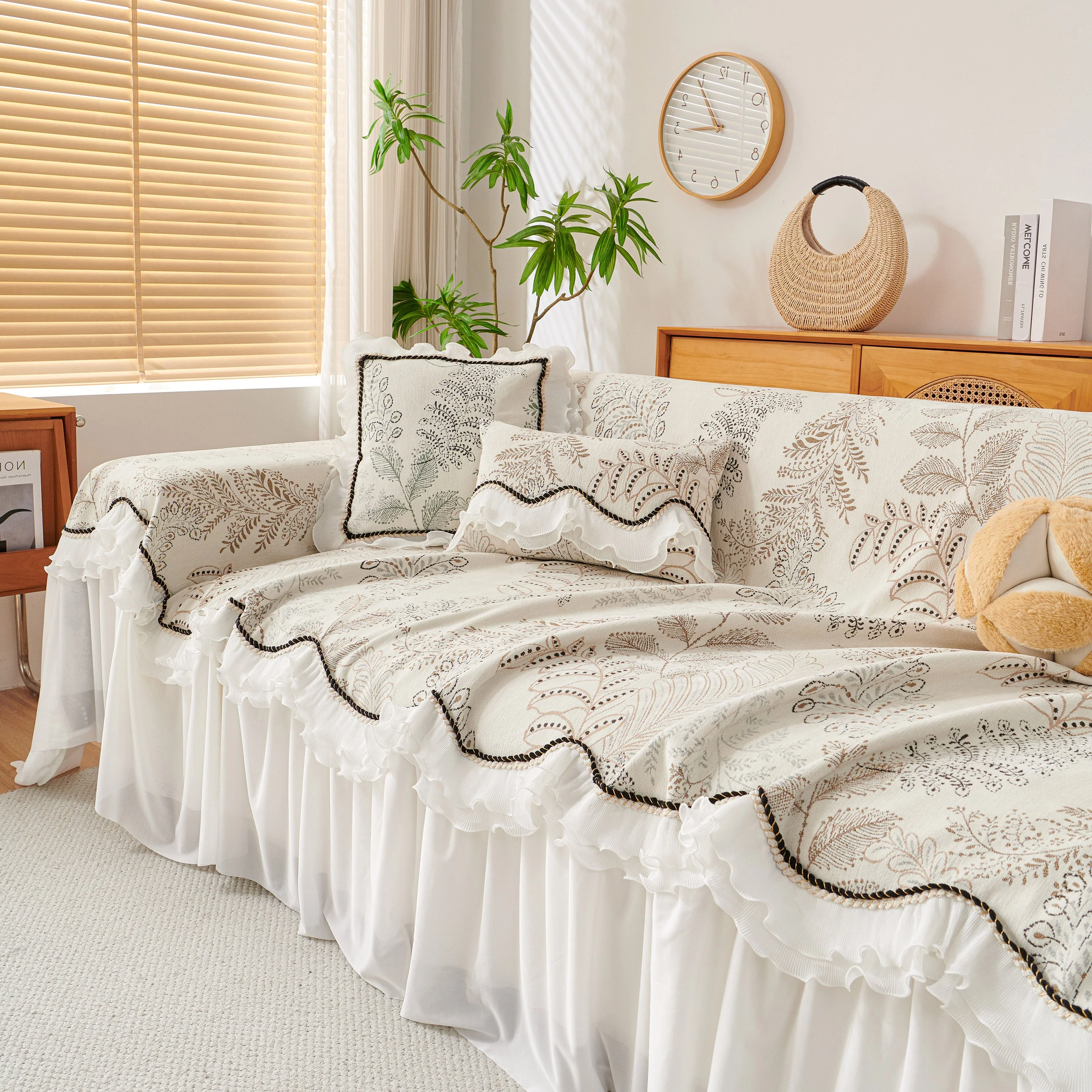 Farmhouse Ruffled Lace Sofa Slipcover Vintage Furniture Protector with Botanical Print - Image 43