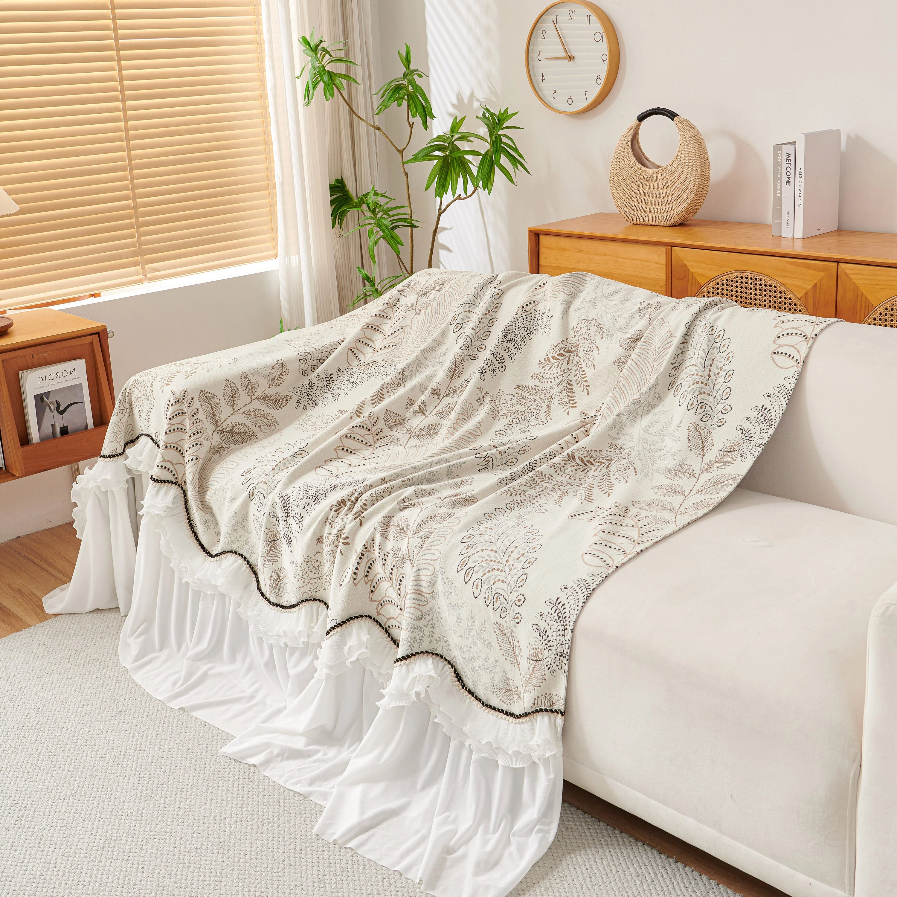 Farmhouse Ruffled Lace Sofa Slipcover Vintage Furniture Protector with Botanical Print - Image 46
