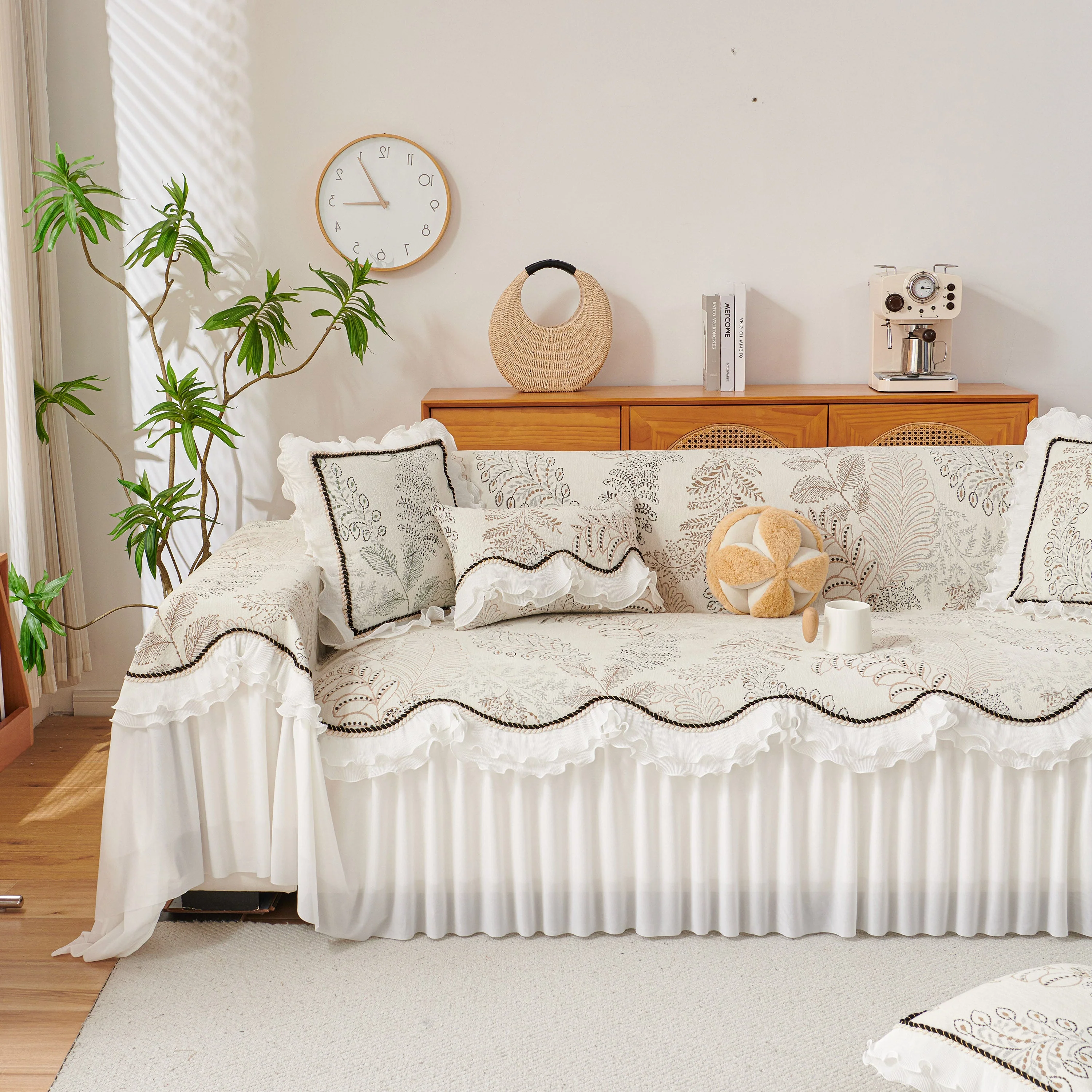Farmhouse Ruffled Lace Sofa Slipcover Vintage Furniture Protector with Botanical Print - Image 47