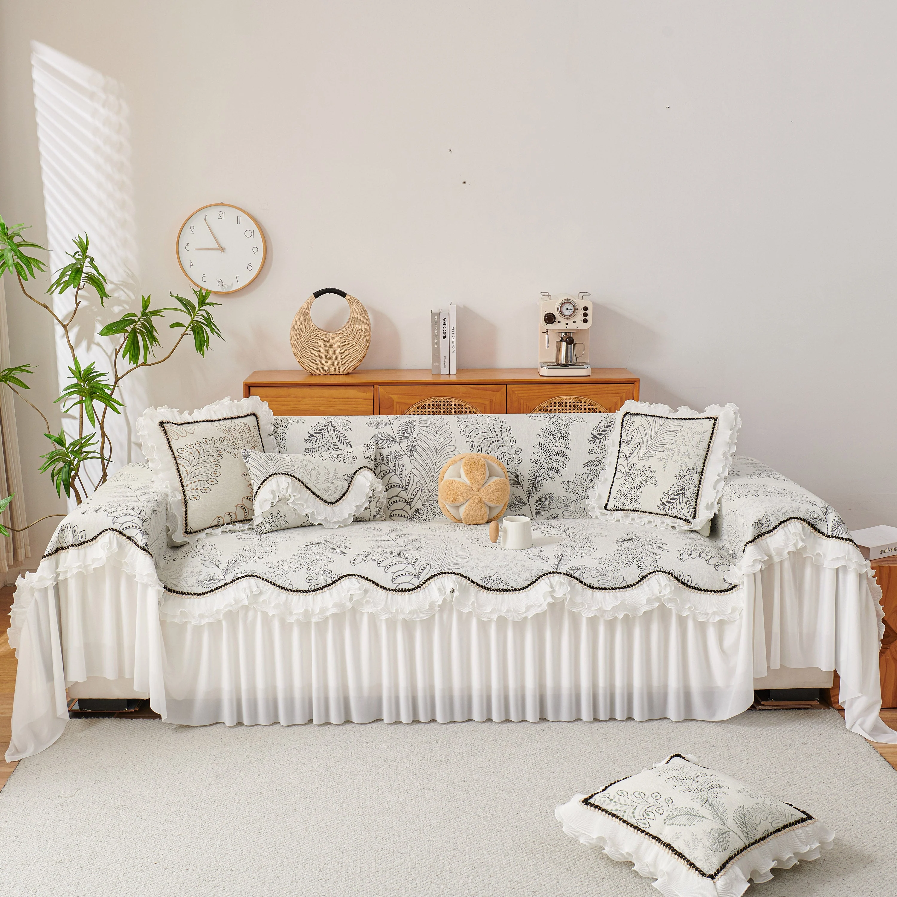 Farmhouse Ruffled Lace Sofa Slipcover Vintage Furniture Protector with Botanical Print - Image 48