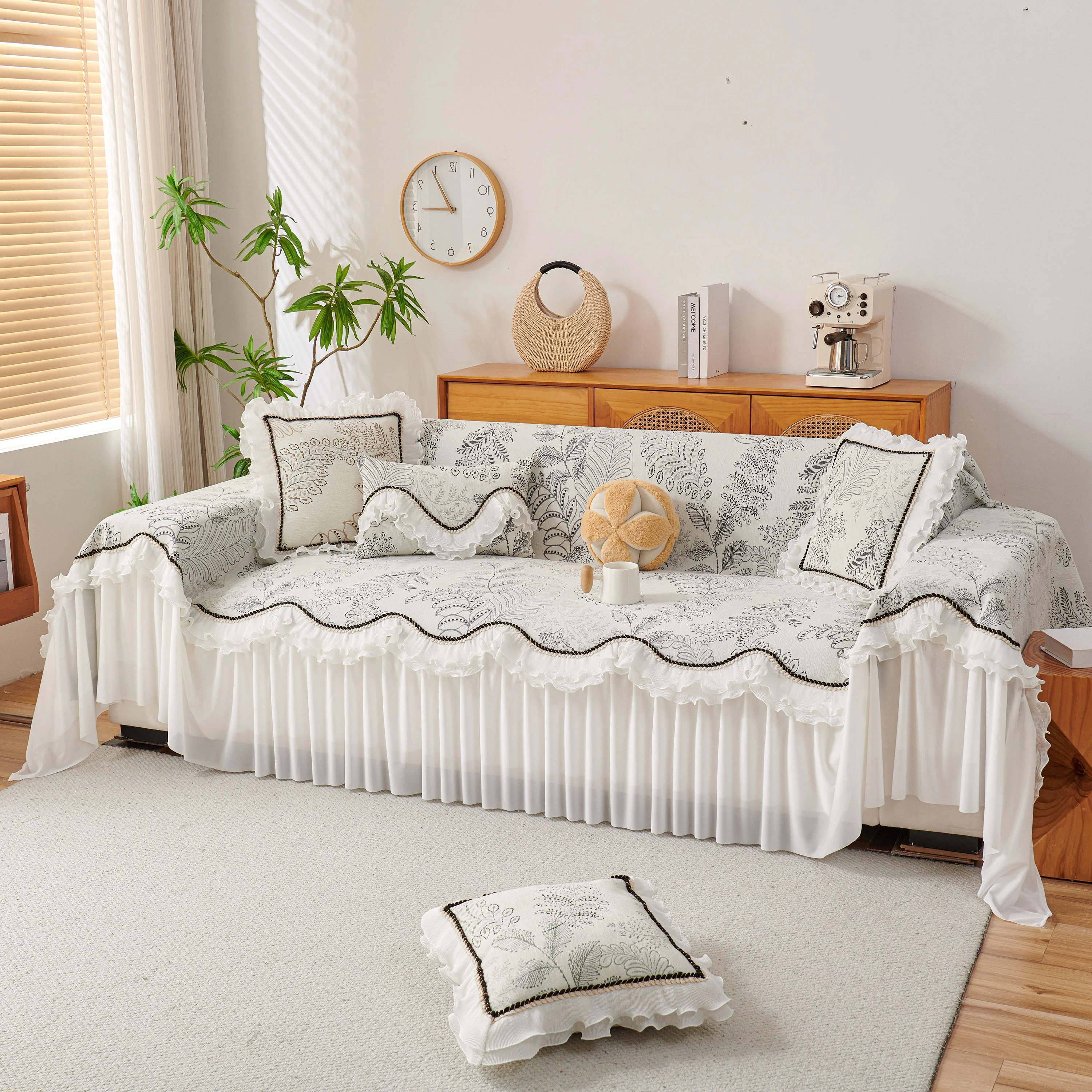 Farmhouse Ruffled Lace Sofa Slipcover Vintage Furniture Protector with Botanical Print - Image 49