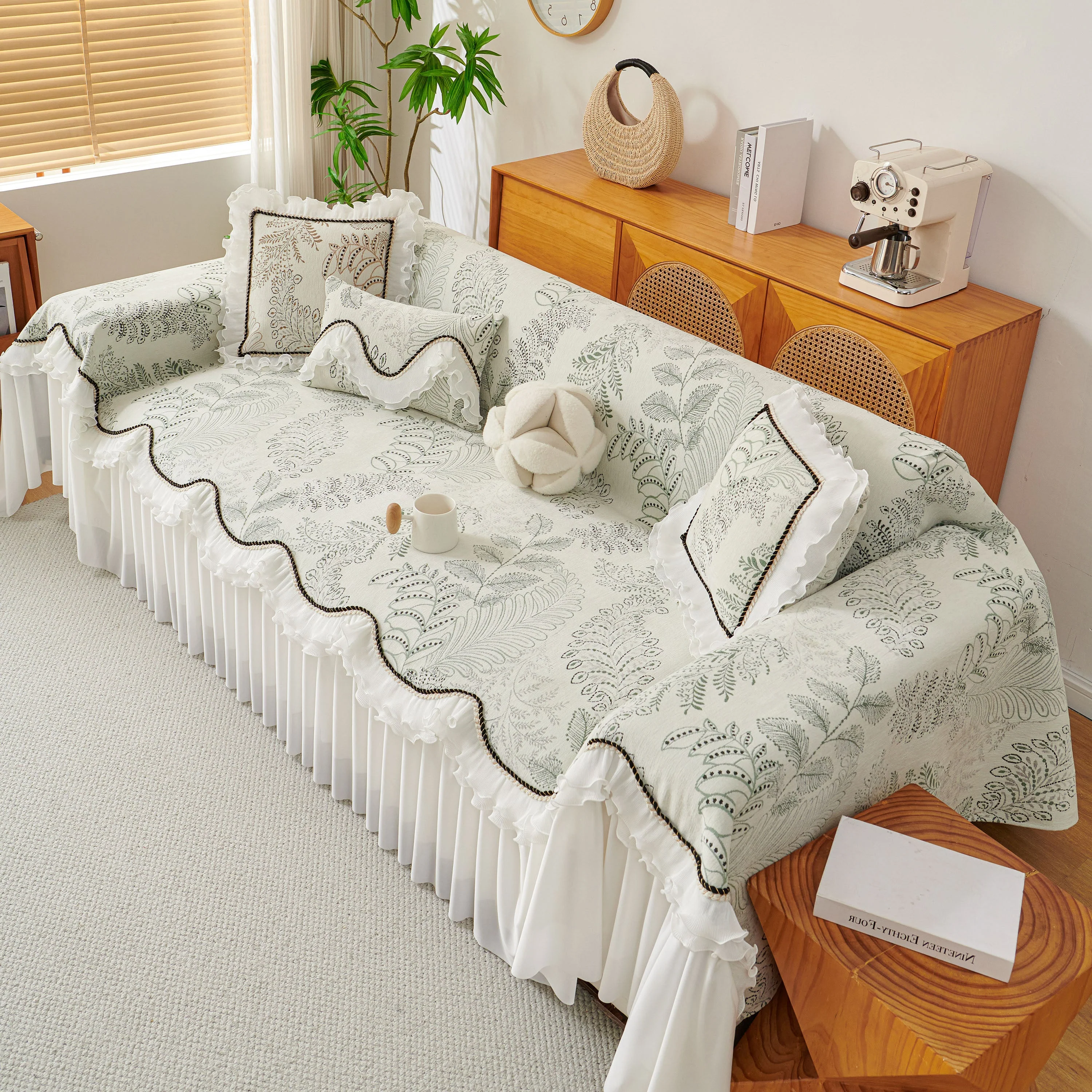 Farmhouse Ruffled Lace Sofa Slipcover Vintage Furniture Protector with Botanical Print - Image 5
