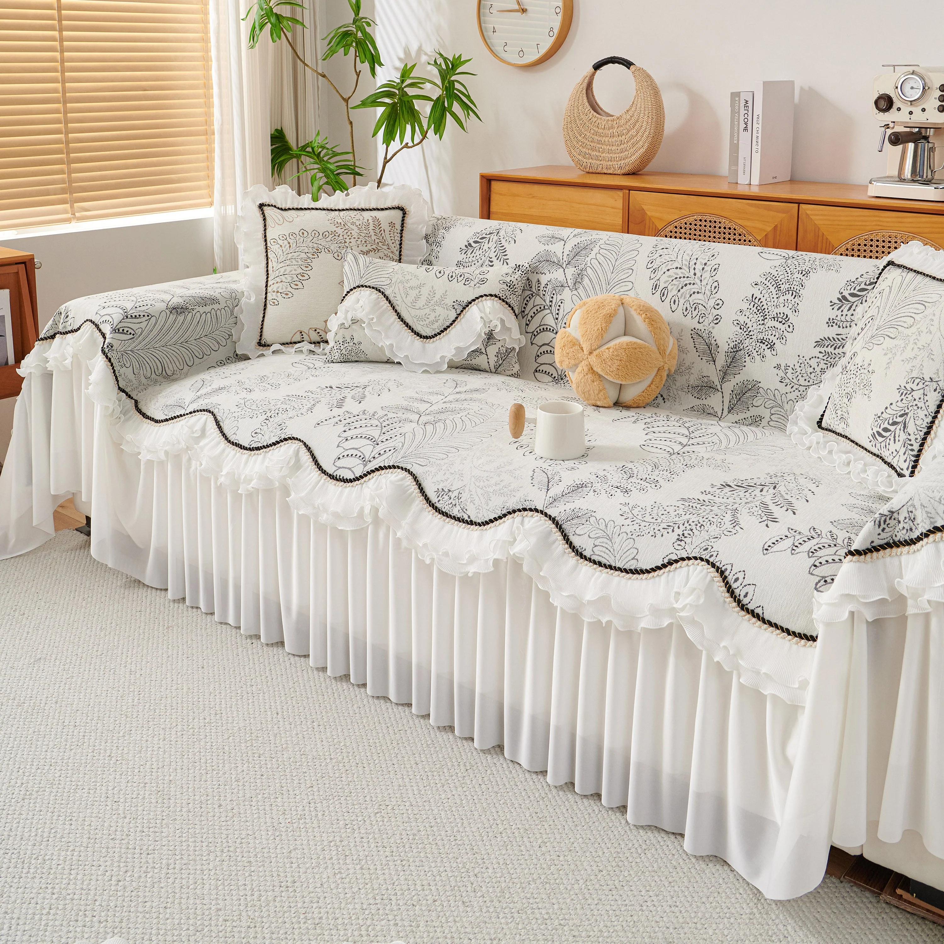 Farmhouse Ruffled Lace Sofa Slipcover Vintage Furniture Protector with Botanical Print - Image 50