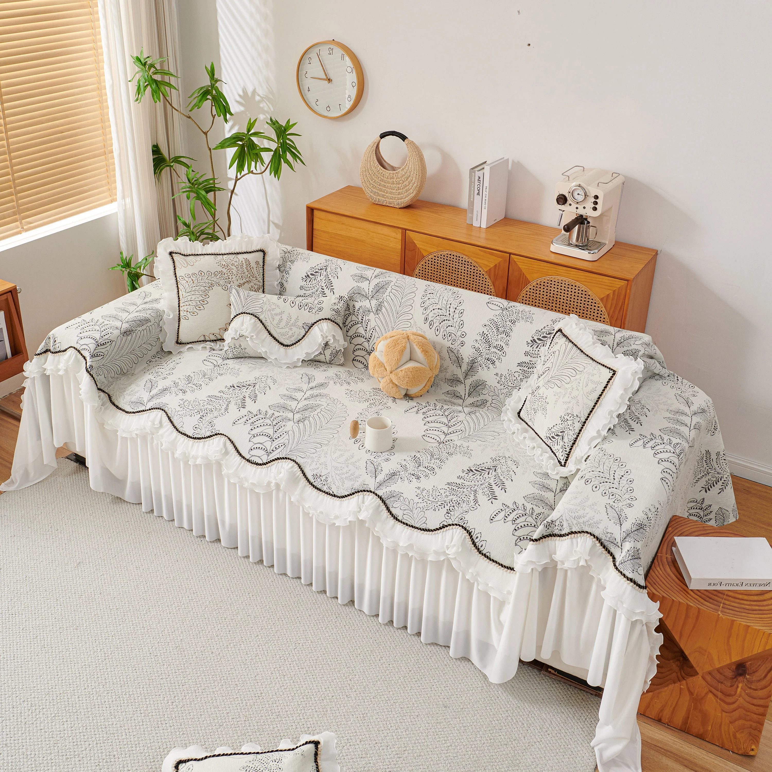 Farmhouse Ruffled Lace Sofa Slipcover Vintage Furniture Protector with Botanical Print - Image 51