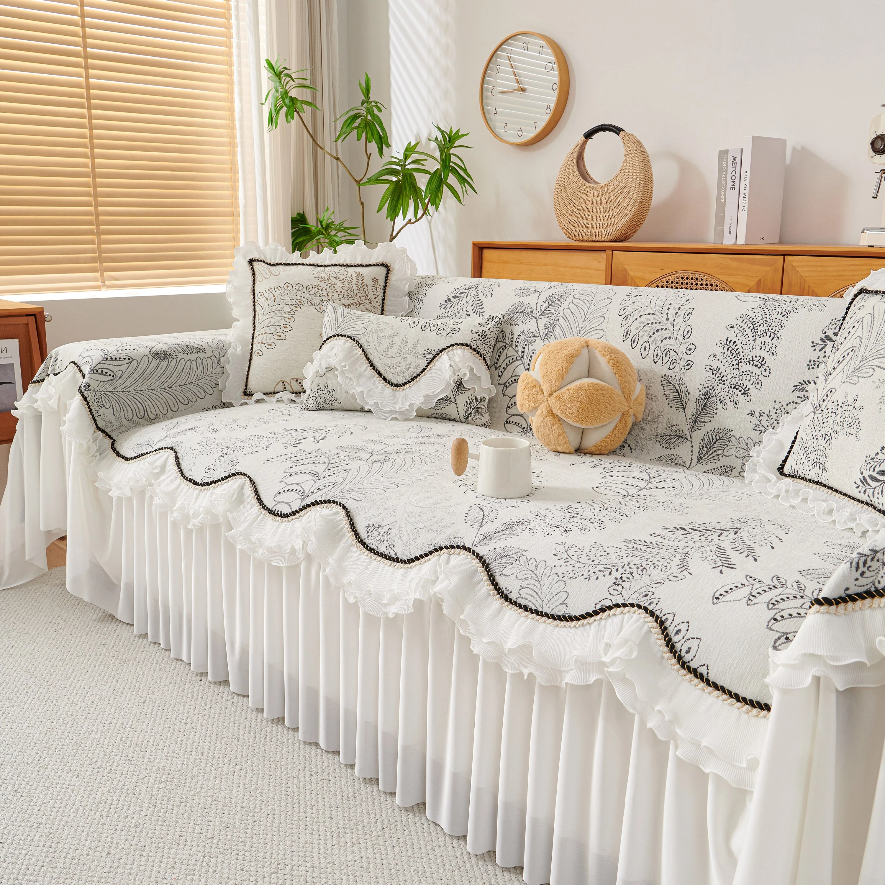 Farmhouse Ruffled Lace Sofa Slipcover Vintage Furniture Protector with Botanical Print - Image 54