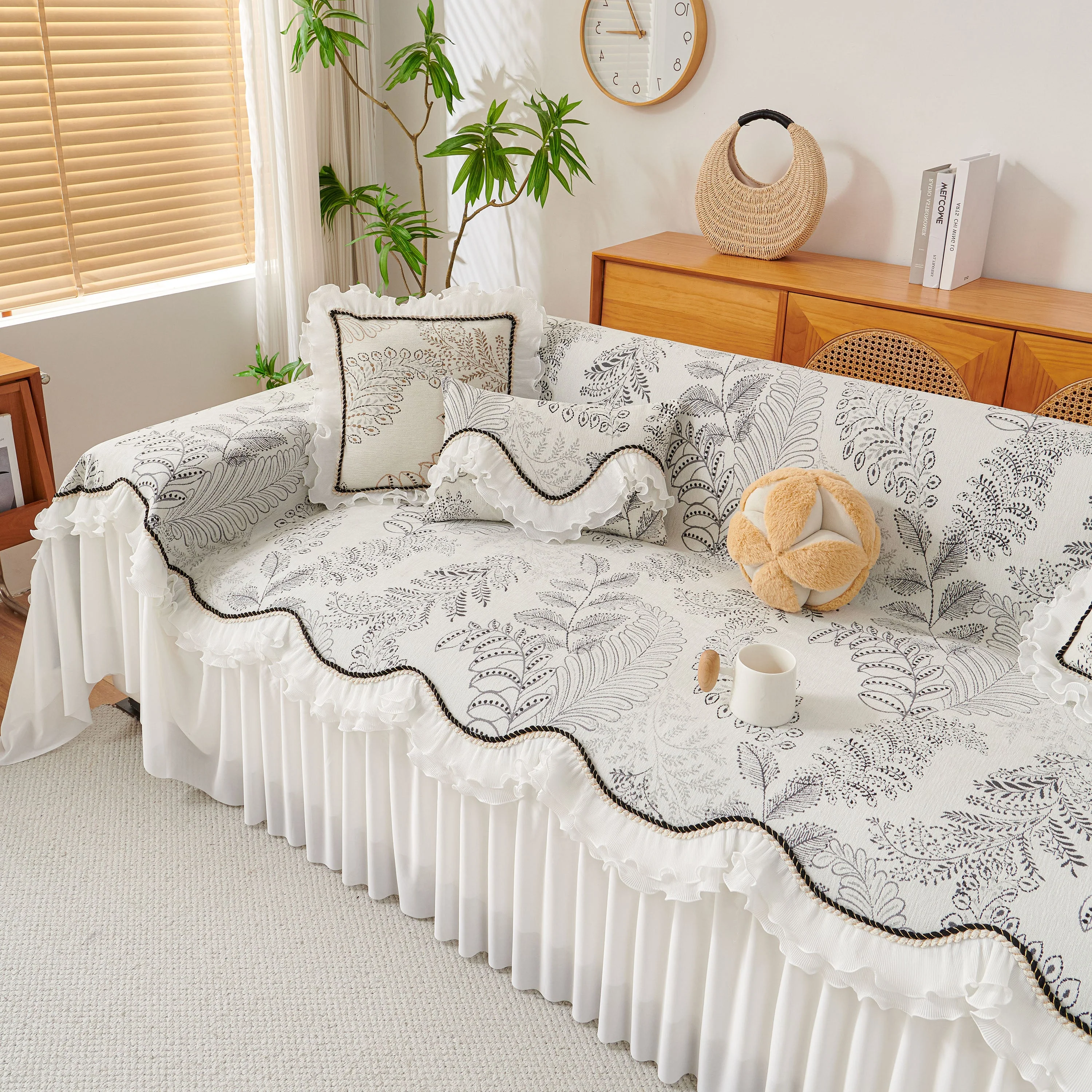 Farmhouse Ruffled Lace Sofa Slipcover Vintage Furniture Protector with Botanical Print - Image 56