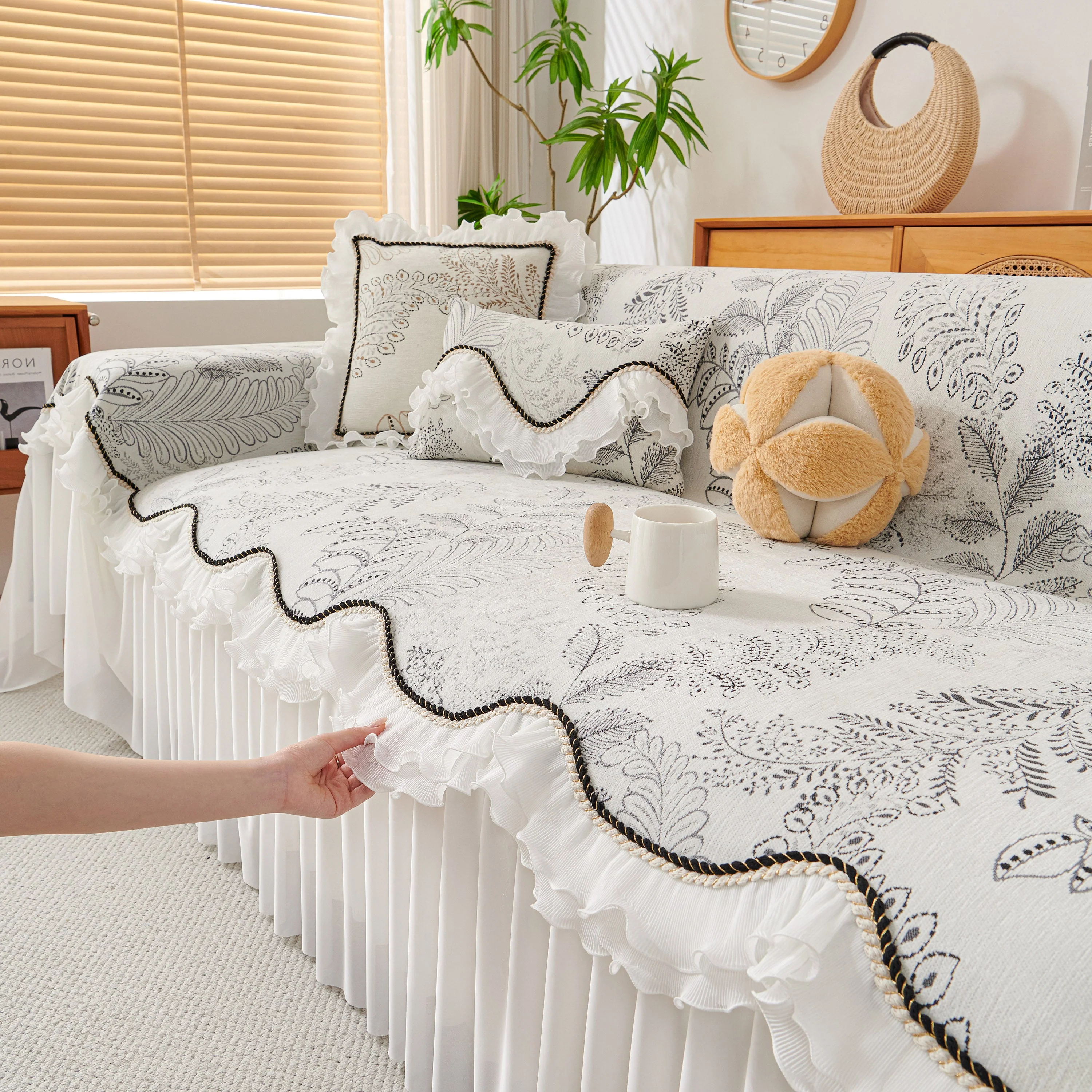 Farmhouse Ruffled Lace Sofa Slipcover Vintage Furniture Protector with Botanical Print - Image 57