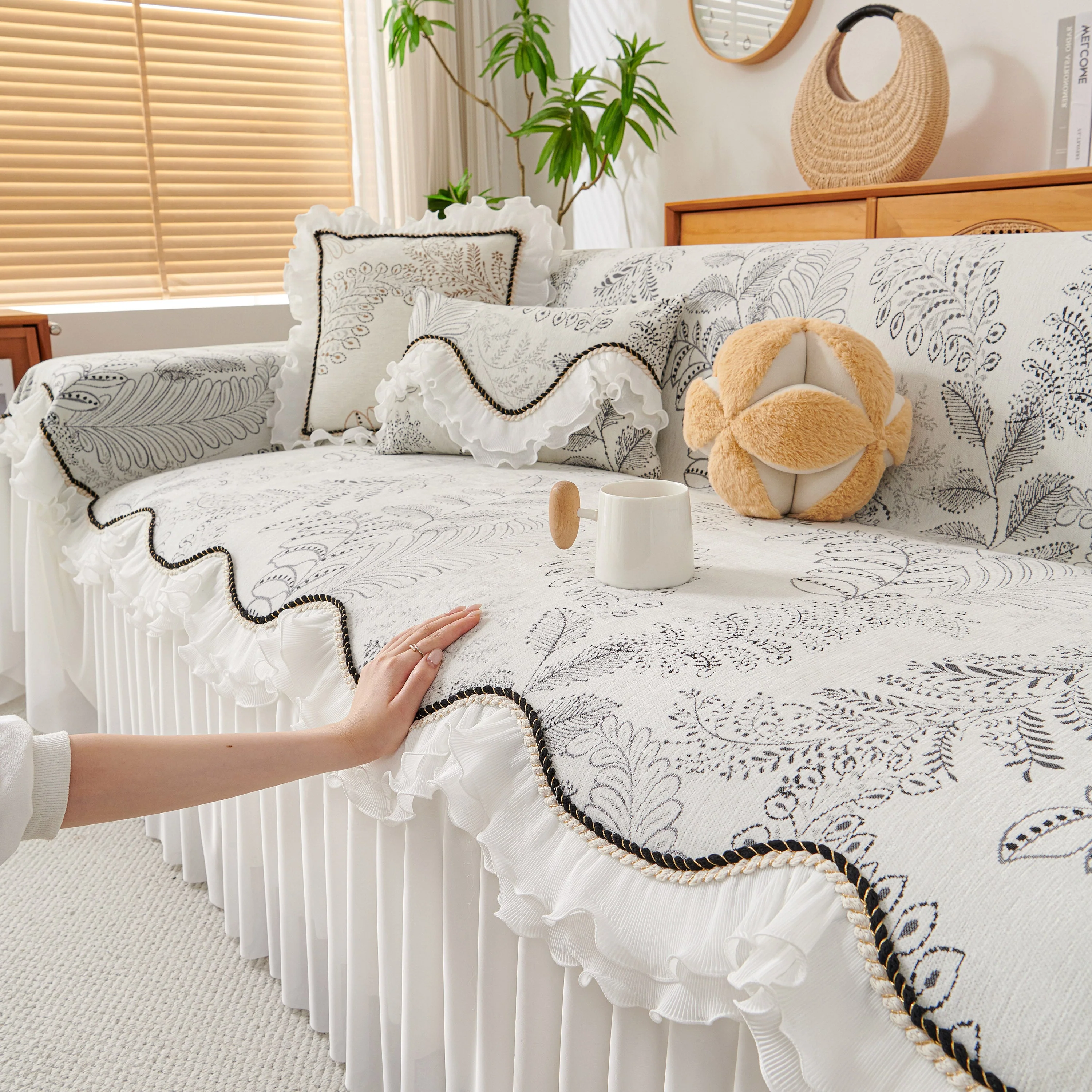 Farmhouse Ruffled Lace Sofa Slipcover Vintage Furniture Protector with Botanical Print - Image 58