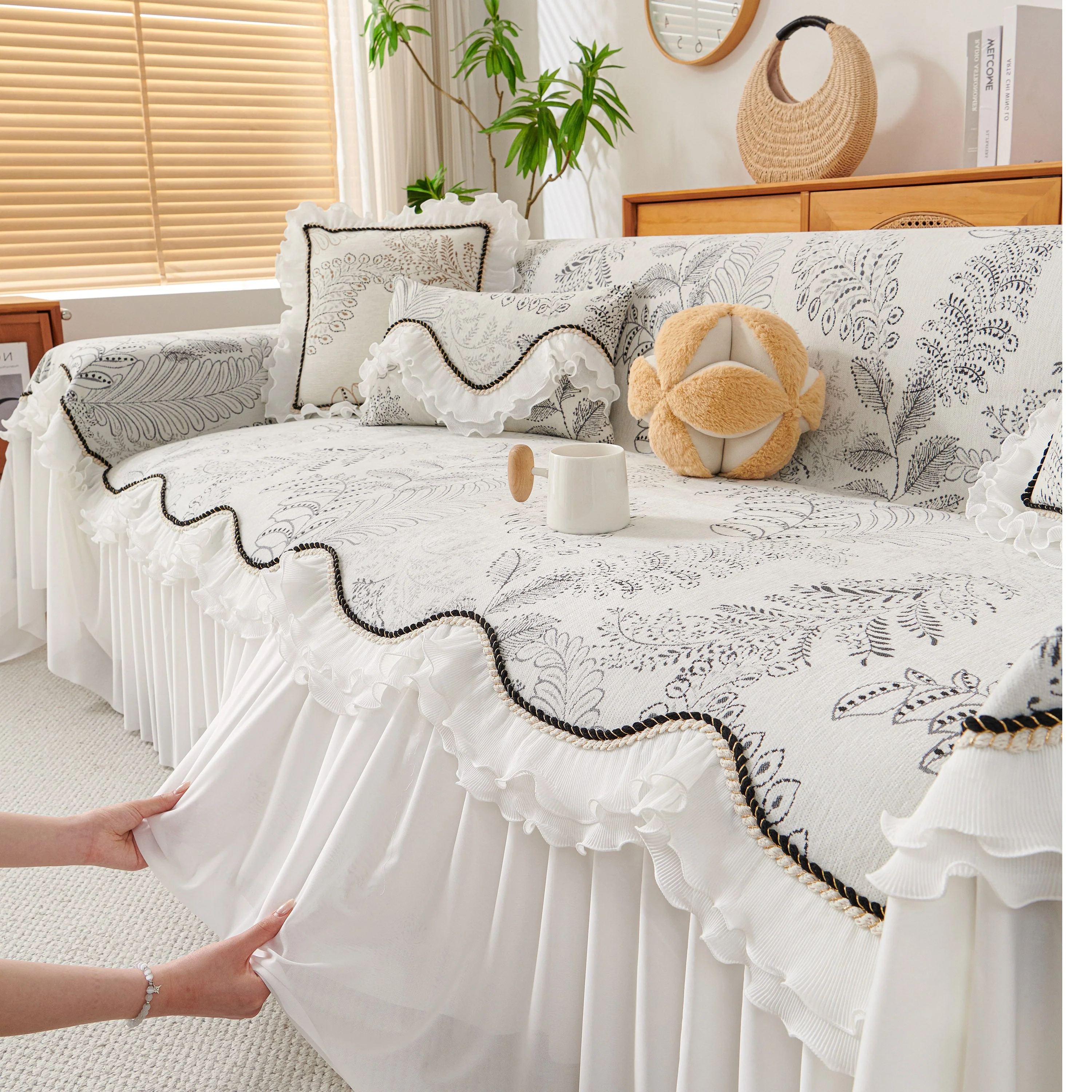Farmhouse Ruffled Lace Sofa Slipcover Vintage Furniture Protector with Botanical Print - Image 59