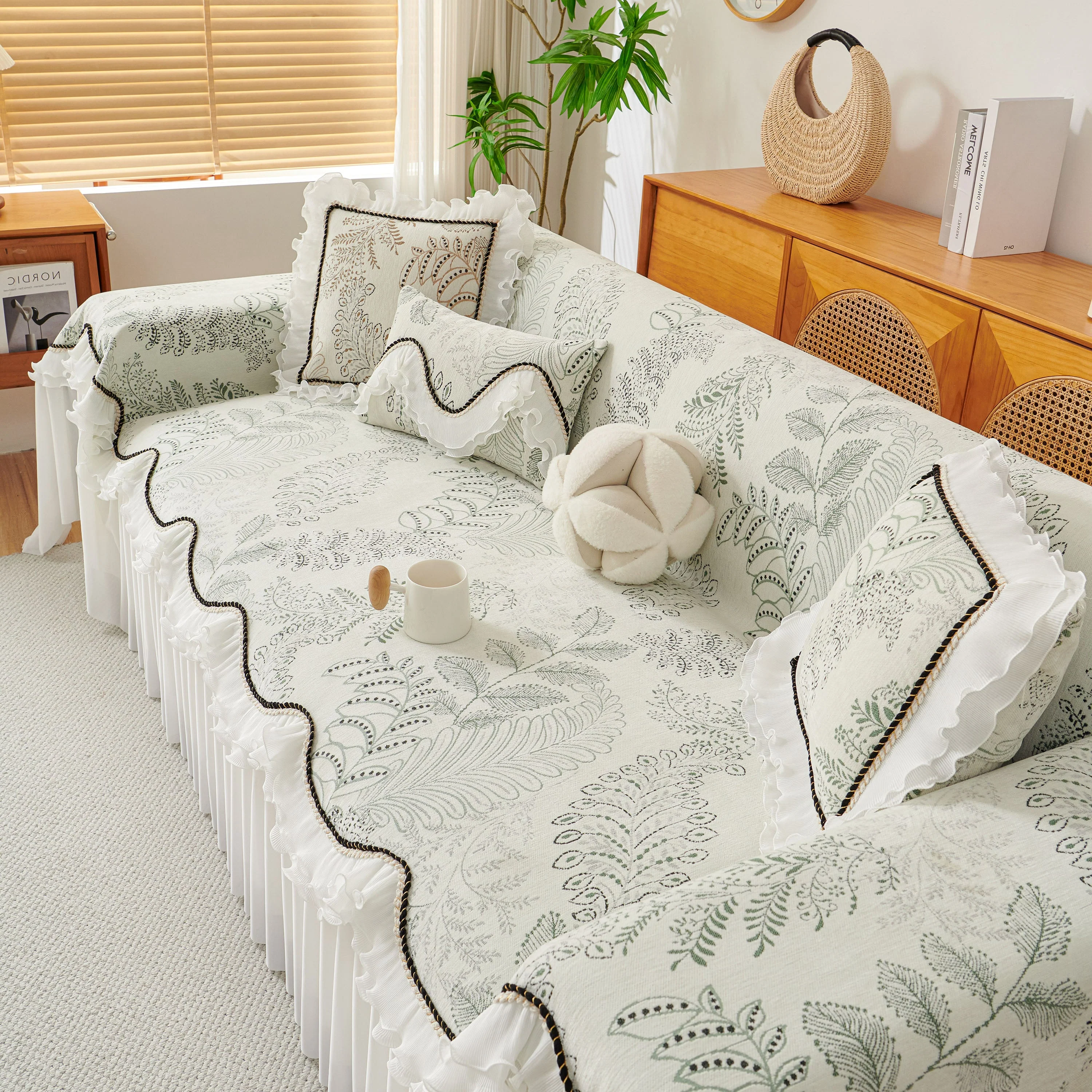 Farmhouse Ruffled Lace Sofa Slipcover Vintage Furniture Protector with Botanical Print - Image 6
