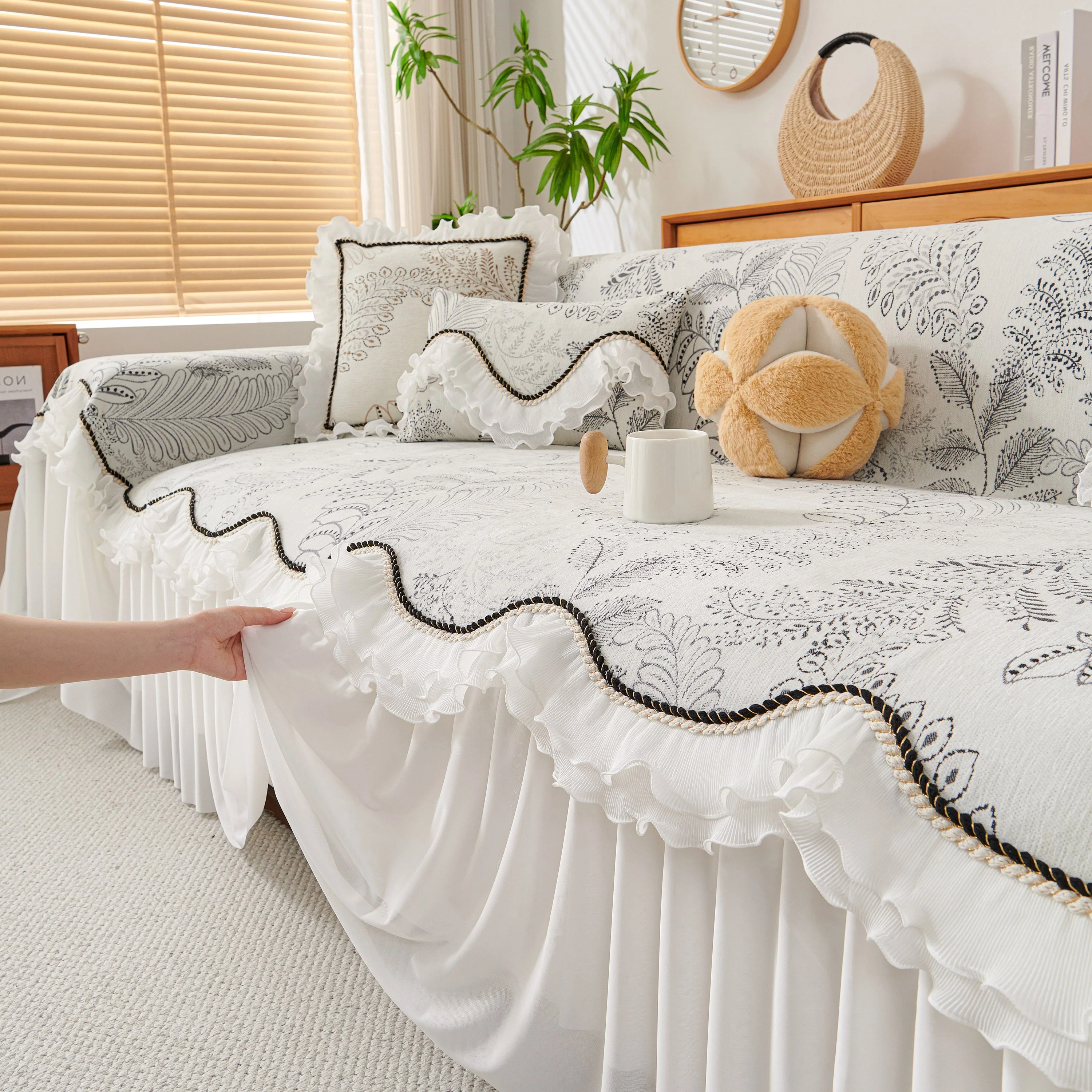 Farmhouse Ruffled Lace Sofa Slipcover Vintage Furniture Protector with Botanical Print - Image 60