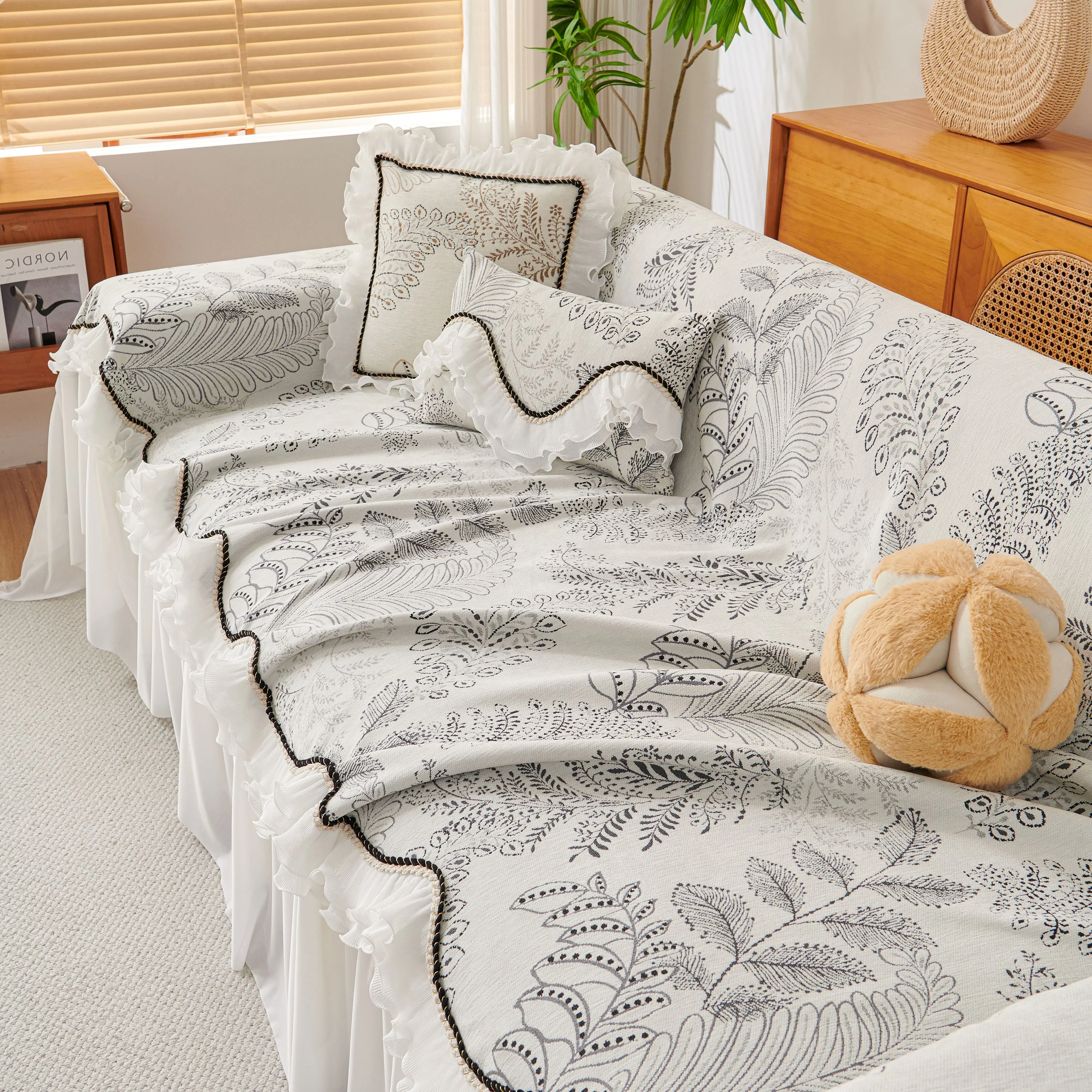 Farmhouse Ruffled Lace Sofa Slipcover Vintage Furniture Protector with Botanical Print - Image 62