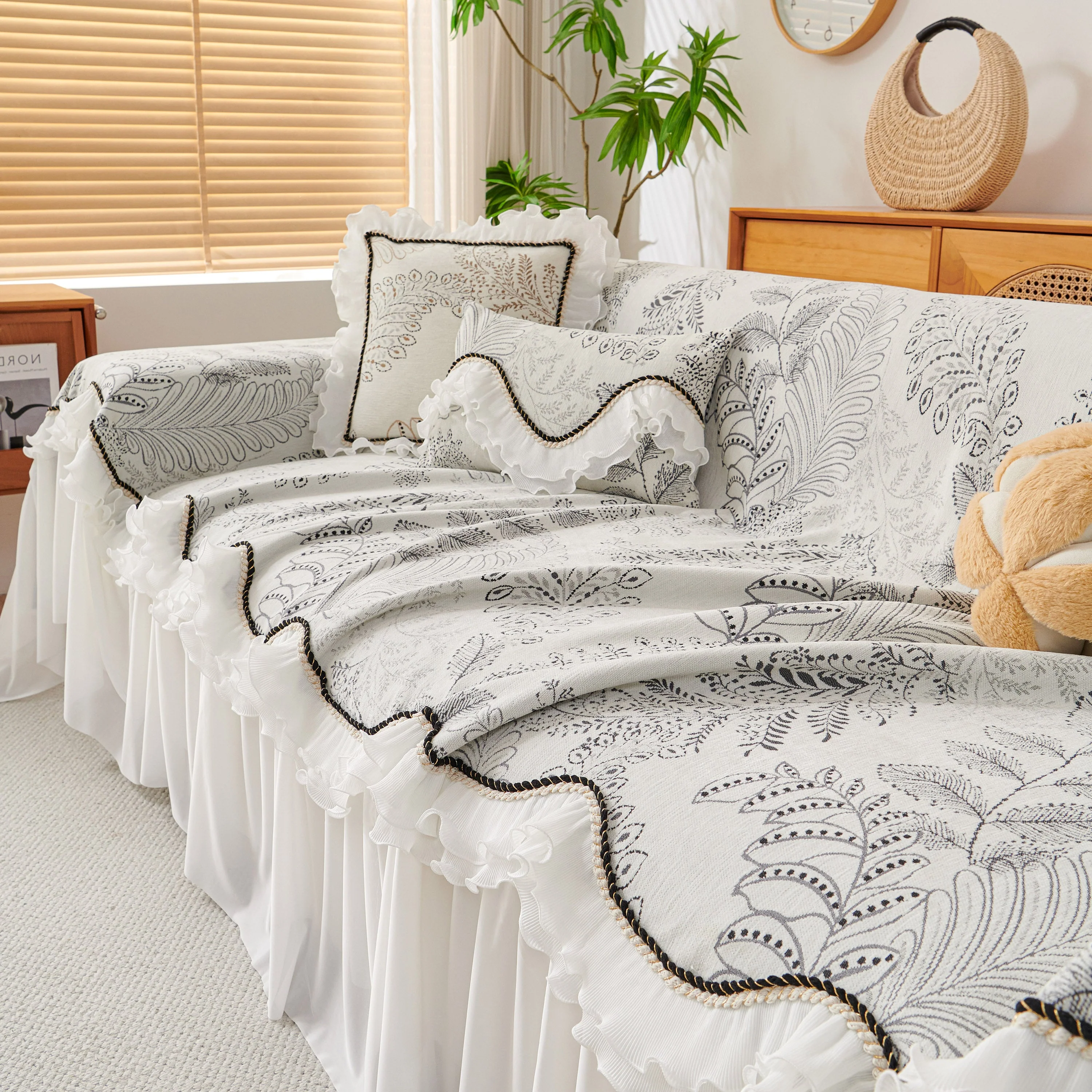 Farmhouse Ruffled Lace Sofa Slipcover Vintage Furniture Protector with Botanical Print - Image 63