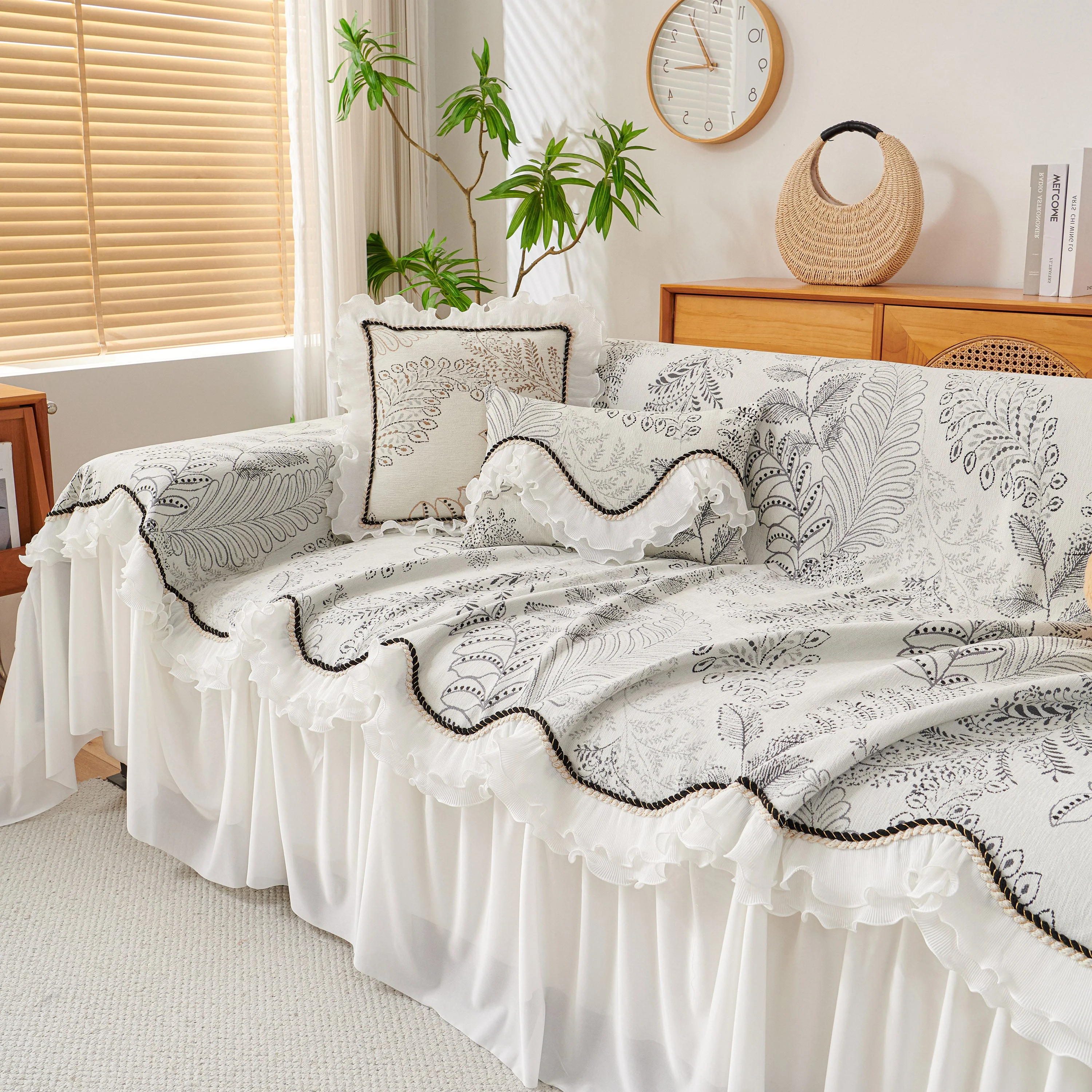 Farmhouse Ruffled Lace Sofa Slipcover Vintage Furniture Protector with Botanical Print - Image 64
