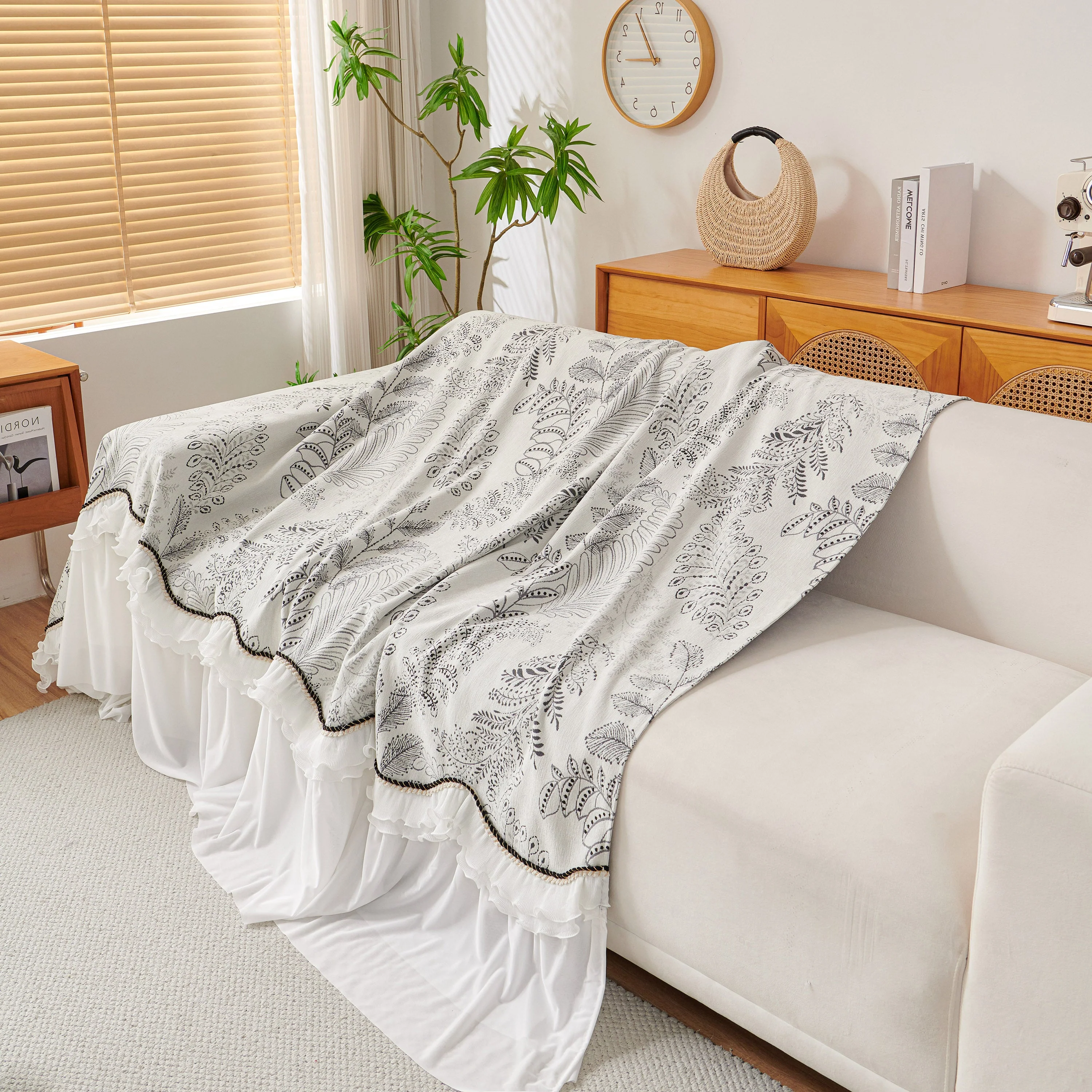 Farmhouse Ruffled Lace Sofa Slipcover Vintage Furniture Protector with Botanical Print - Image 67