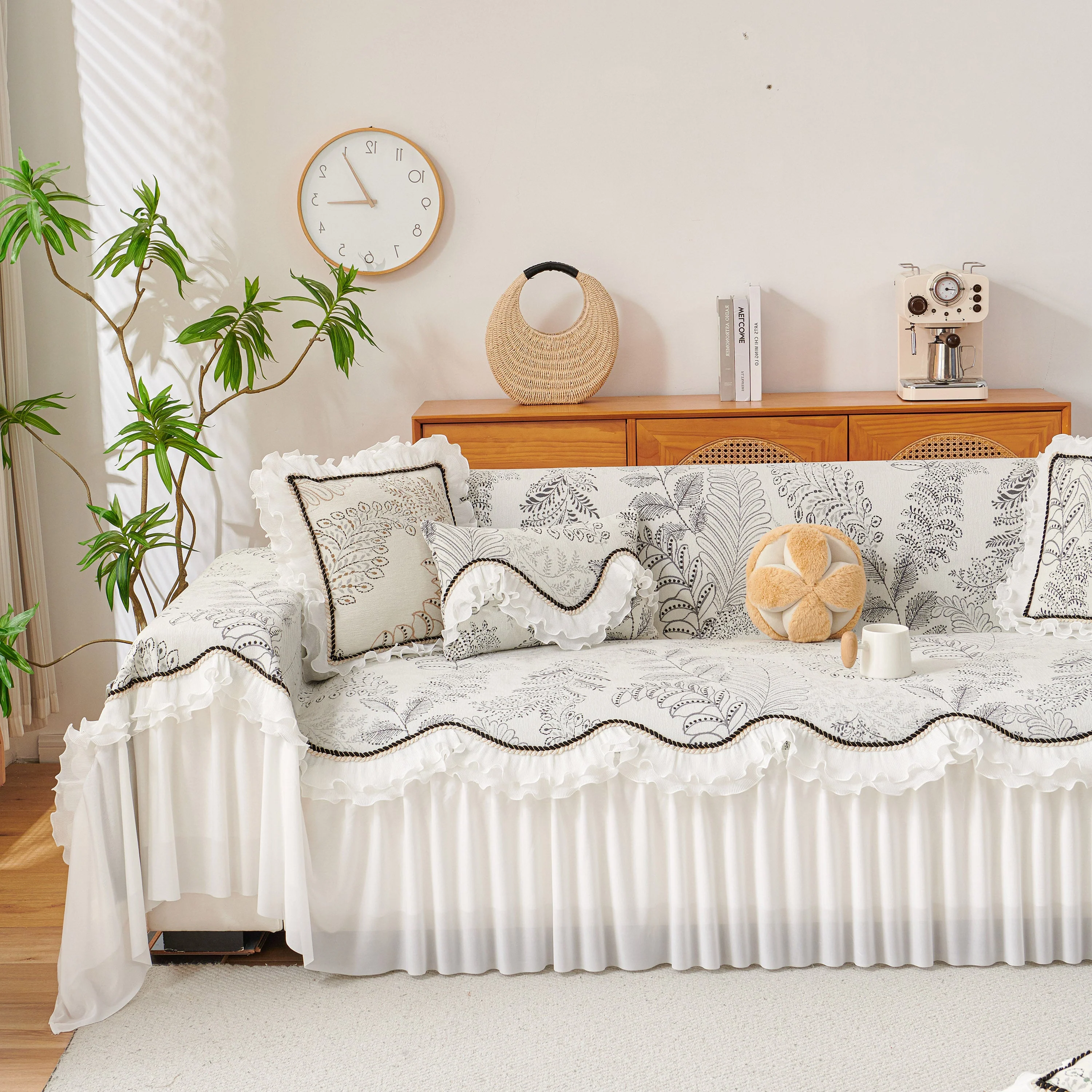 Farmhouse Ruffled Lace Sofa Slipcover Vintage Furniture Protector with Botanical Print - Image 68