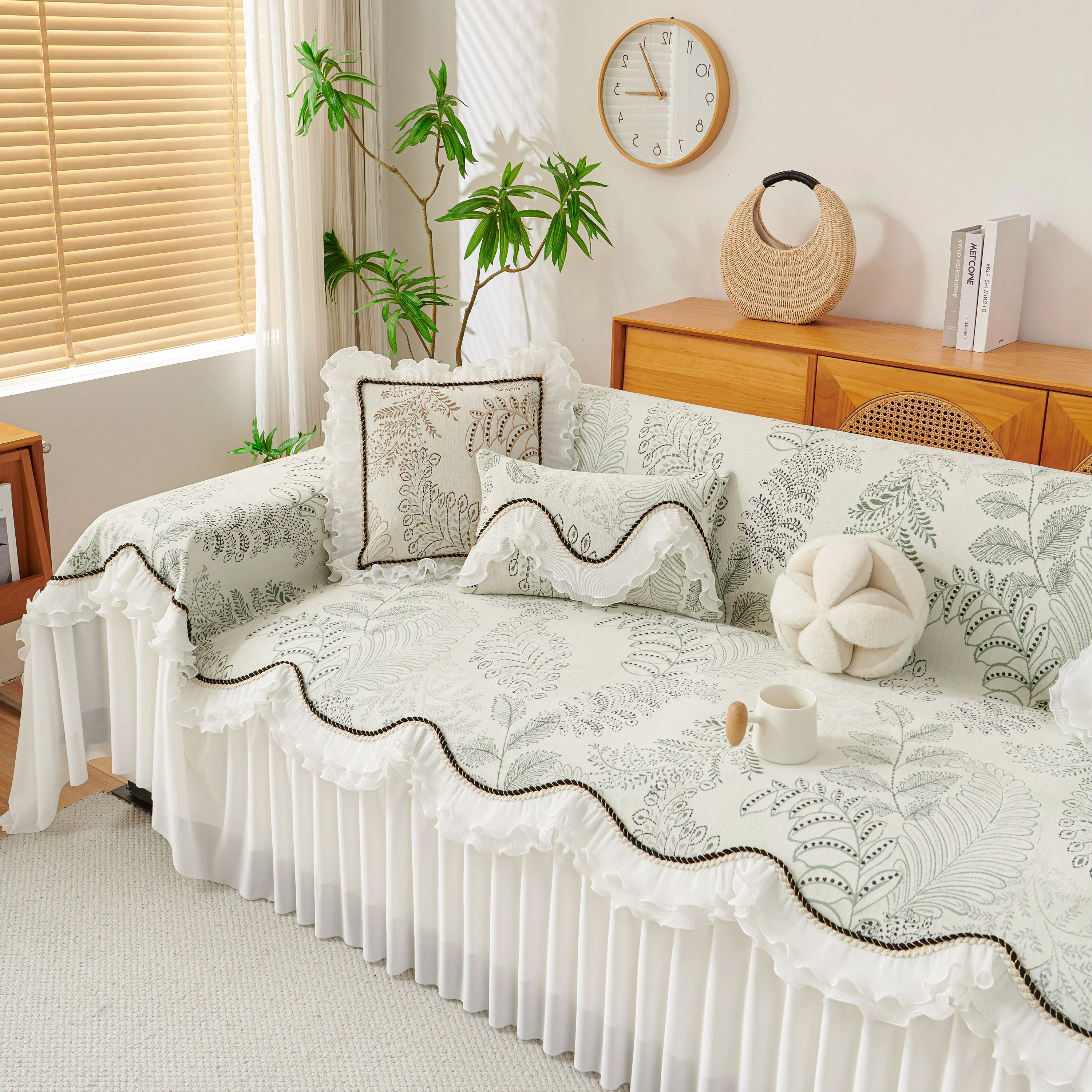 Farmhouse Ruffled Lace Sofa Slipcover Vintage Furniture Protector with Botanical Print - Image 7