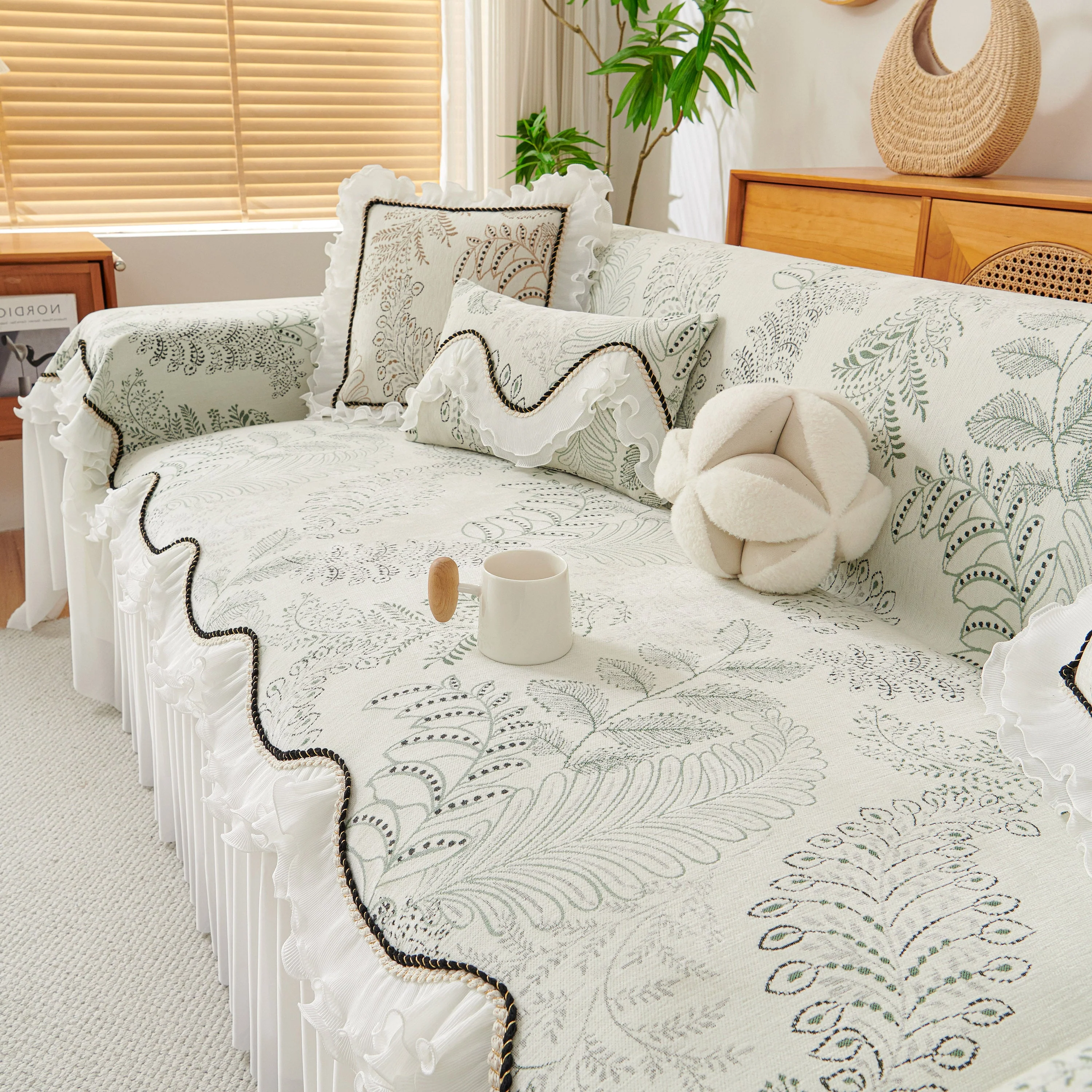Farmhouse Ruffled Lace Sofa Slipcover Vintage Furniture Protector with Botanical Print - Image 8